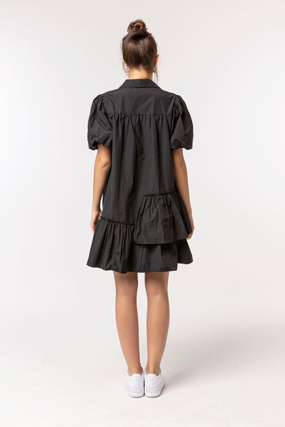 Soft Fabric Short Sleeve Shirt Collar Oversize Full Fit Women Dress - Black