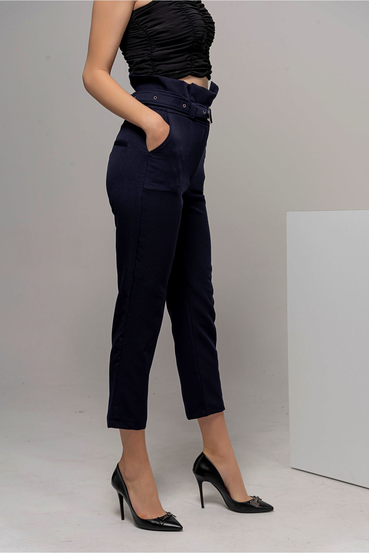 Atlas Kumaş Klasik Yüksel Bel Kadın Pantolon-Lacivert