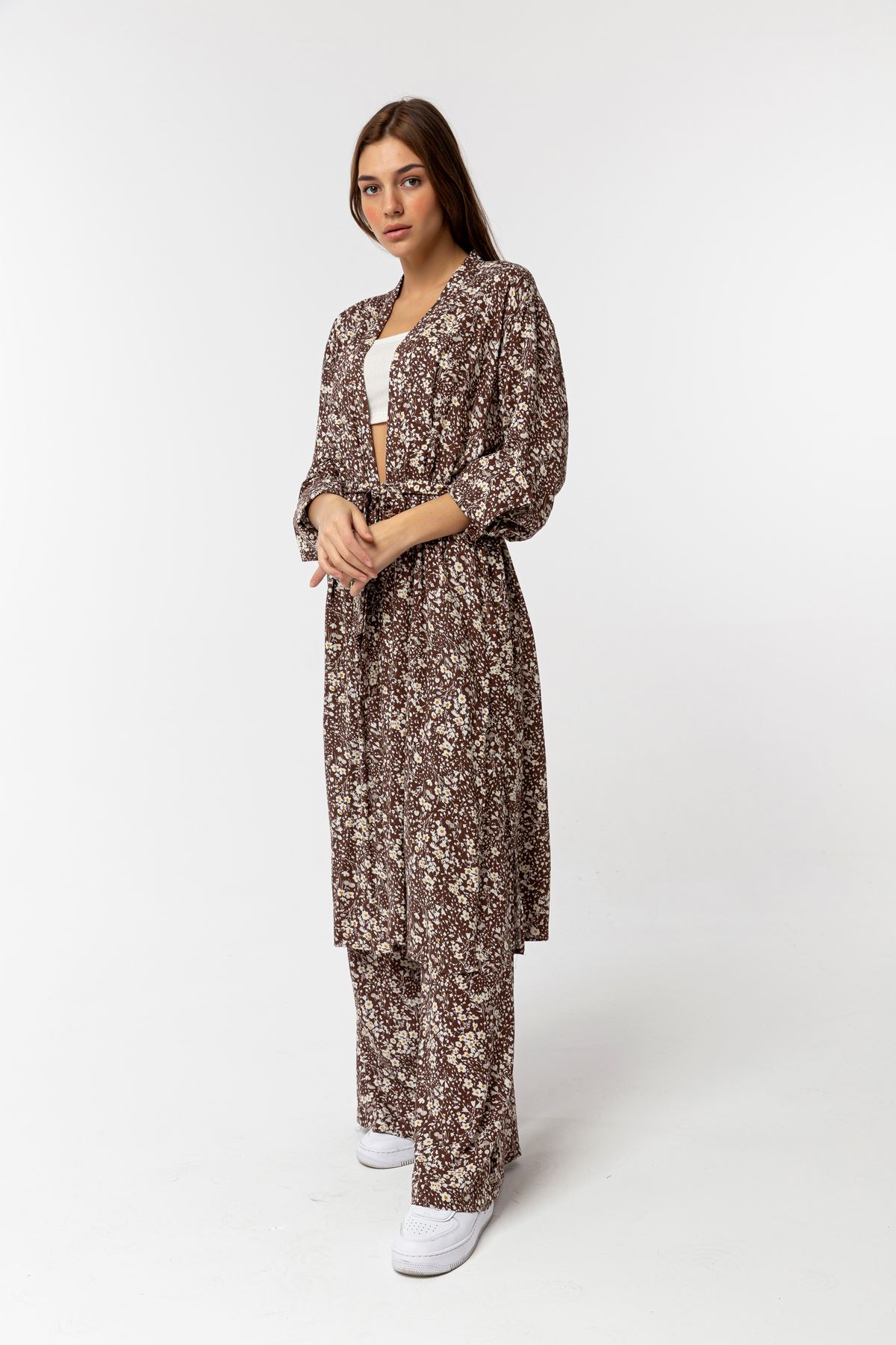 Viscose Fabric Long Sleeve Without Collar Long Oversize Crispy Floral Print Women Kimono - Brown