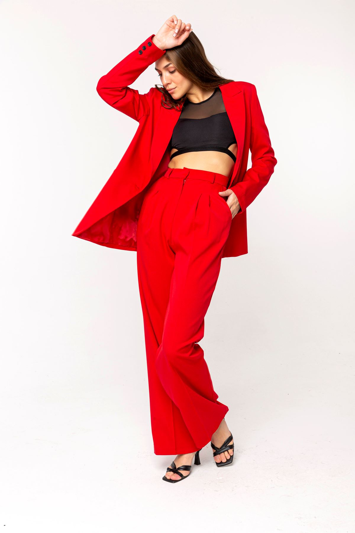 атласный ткань длинный рукав джоггеры женский пиджак - Kрасный