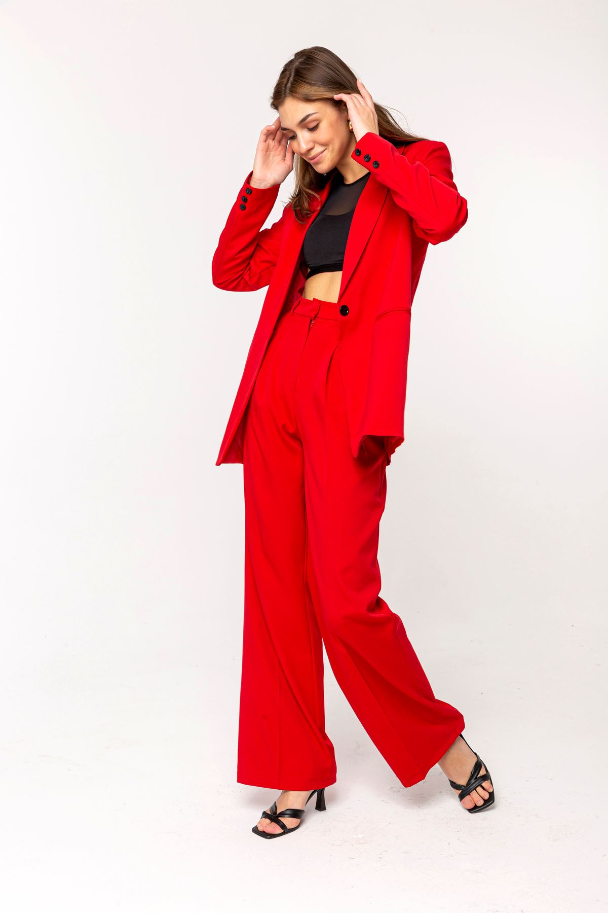 Atlas Fabric Revere Collar Below Hip Classical Single Button Women Jacket - Red