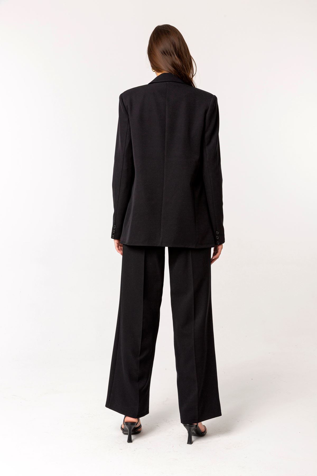Atlas Fabric Revere Collar Below Hip Classical Single Button Women Jacket - Black