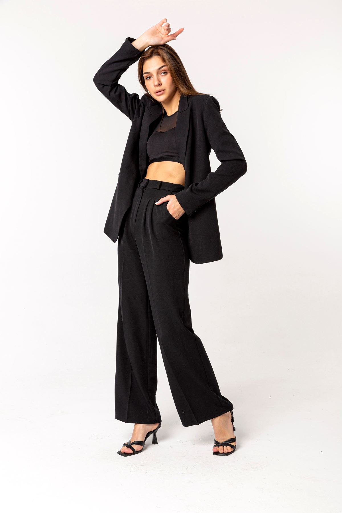 атласный ткань длинный рукав джоггеры женский пиджак - Чёрный
