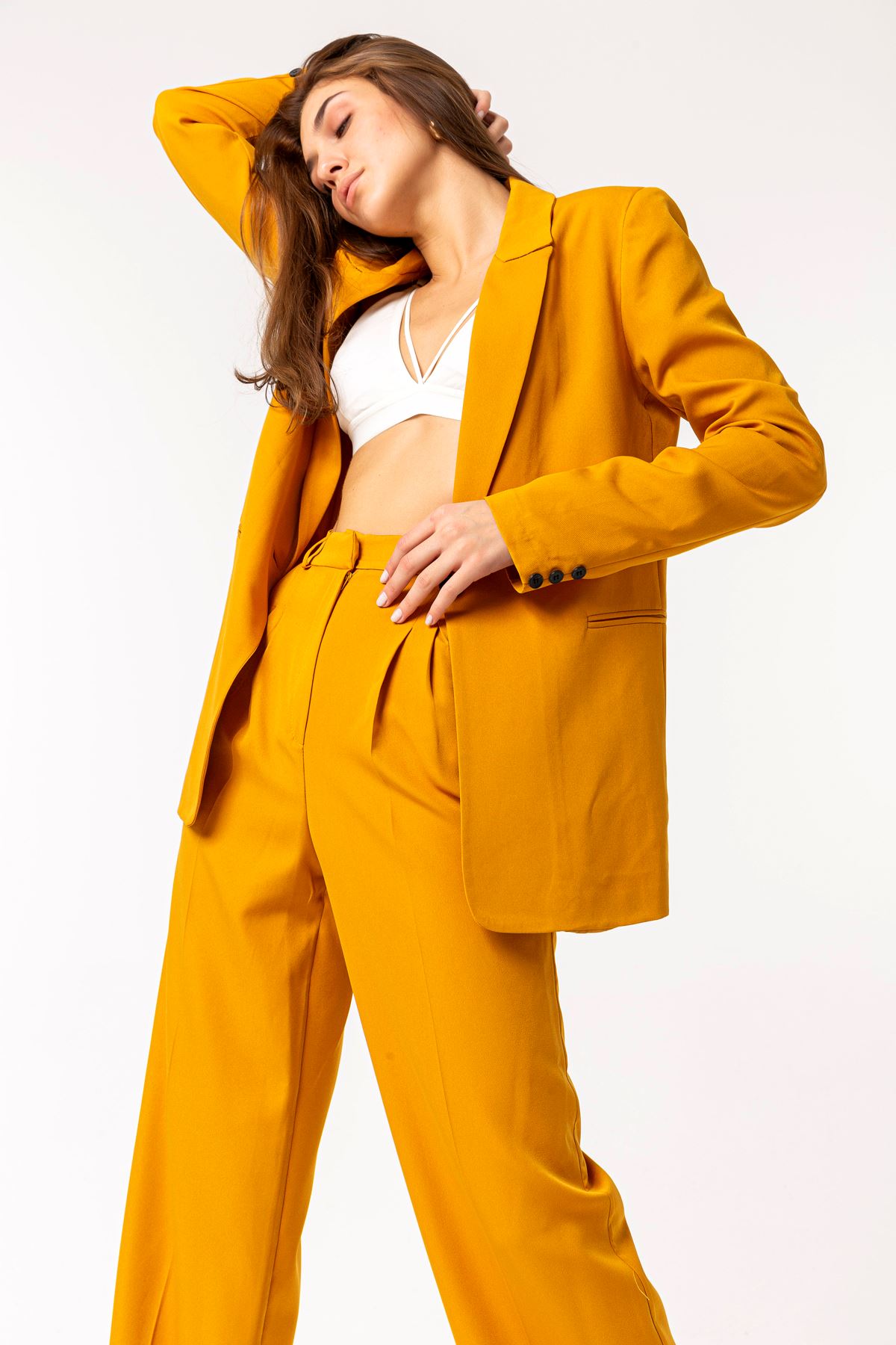 Atlas Fabric Revere Collar Below Hip Classical Single Button Women Jacket - Mustard