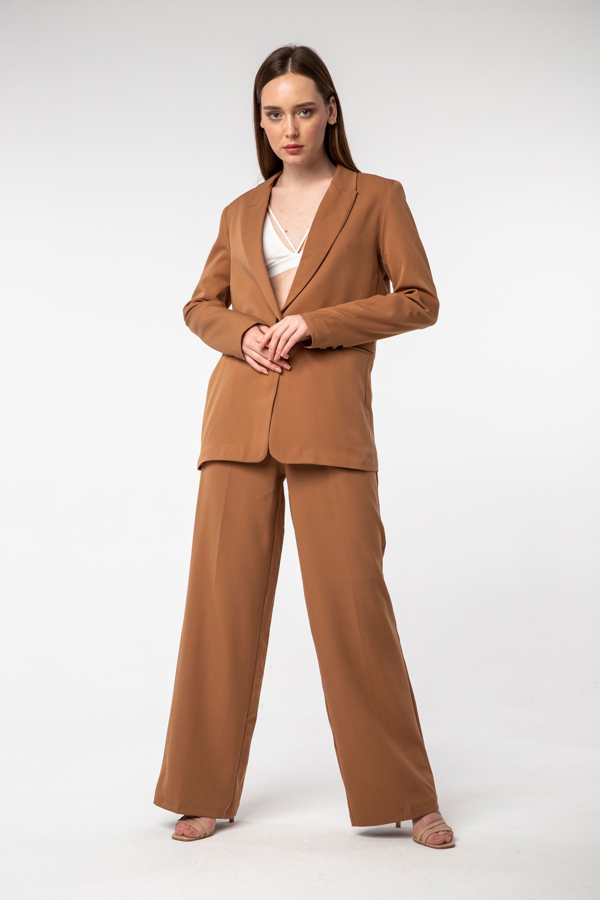 атласный ткань длинный рукав джоггеры женский пиджак - Коричневый