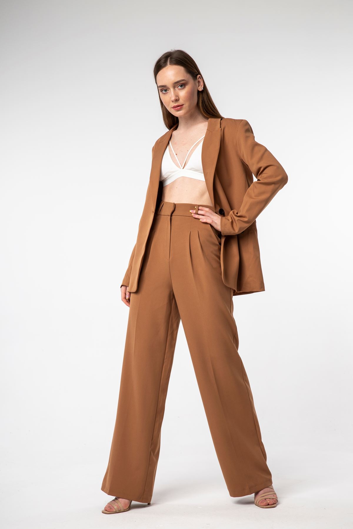 Atlas Fabric Revere Collar Below Hip Classical Single Button Women Jacket - Brown