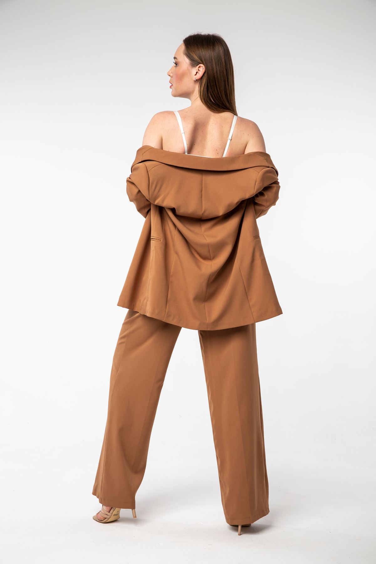 Atlas Fabric Revere Collar Below Hip Classical Single Button Women Jacket - Brown