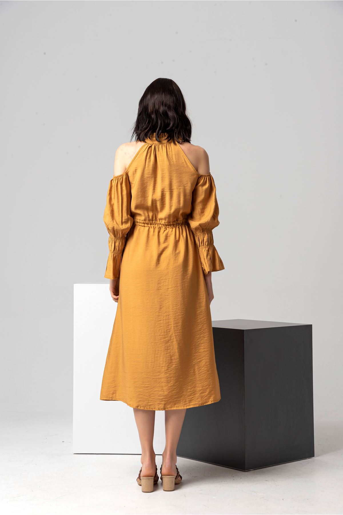 Aerobin Fabric Long Sleeve Midi Ruffled V Neck Women Dress - Mustard
