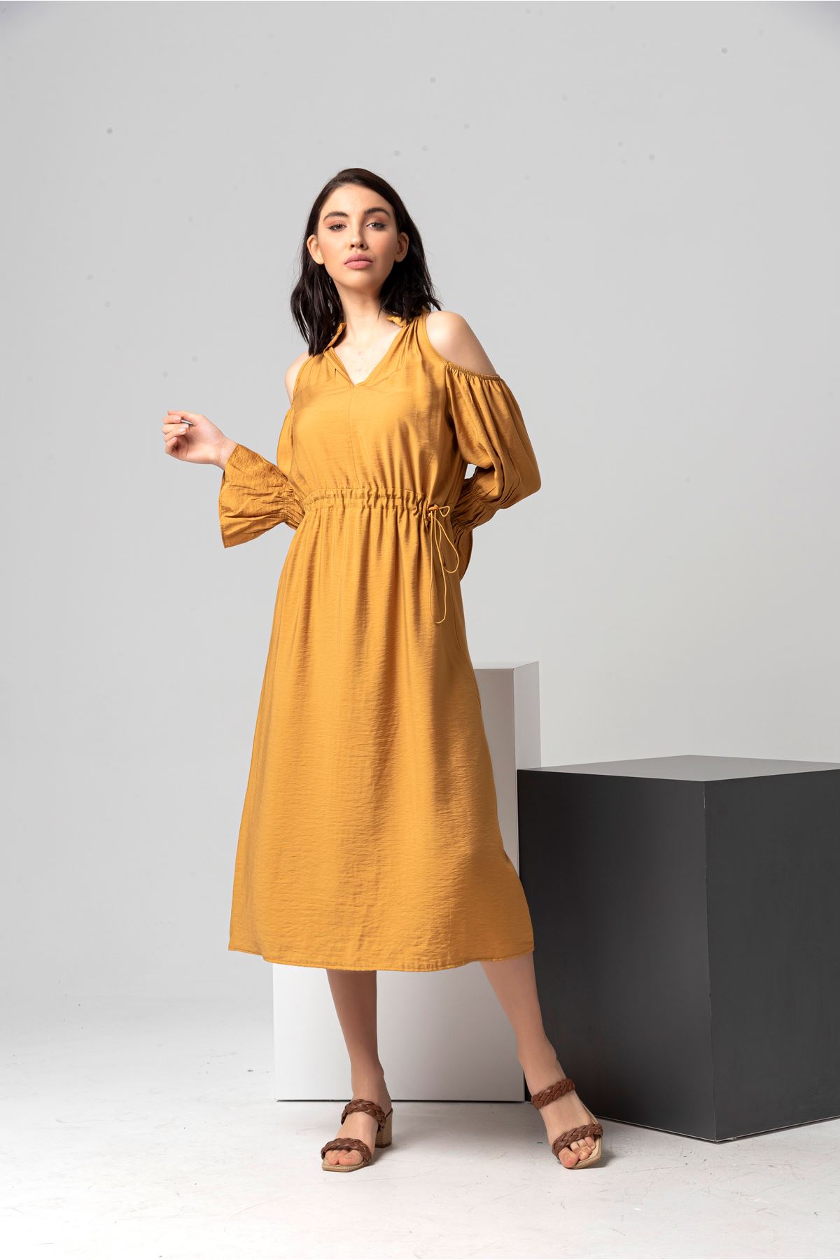 Aerobin Fabric Long Sleeve Midi Ruffled V Neck Women Dress - Mustard