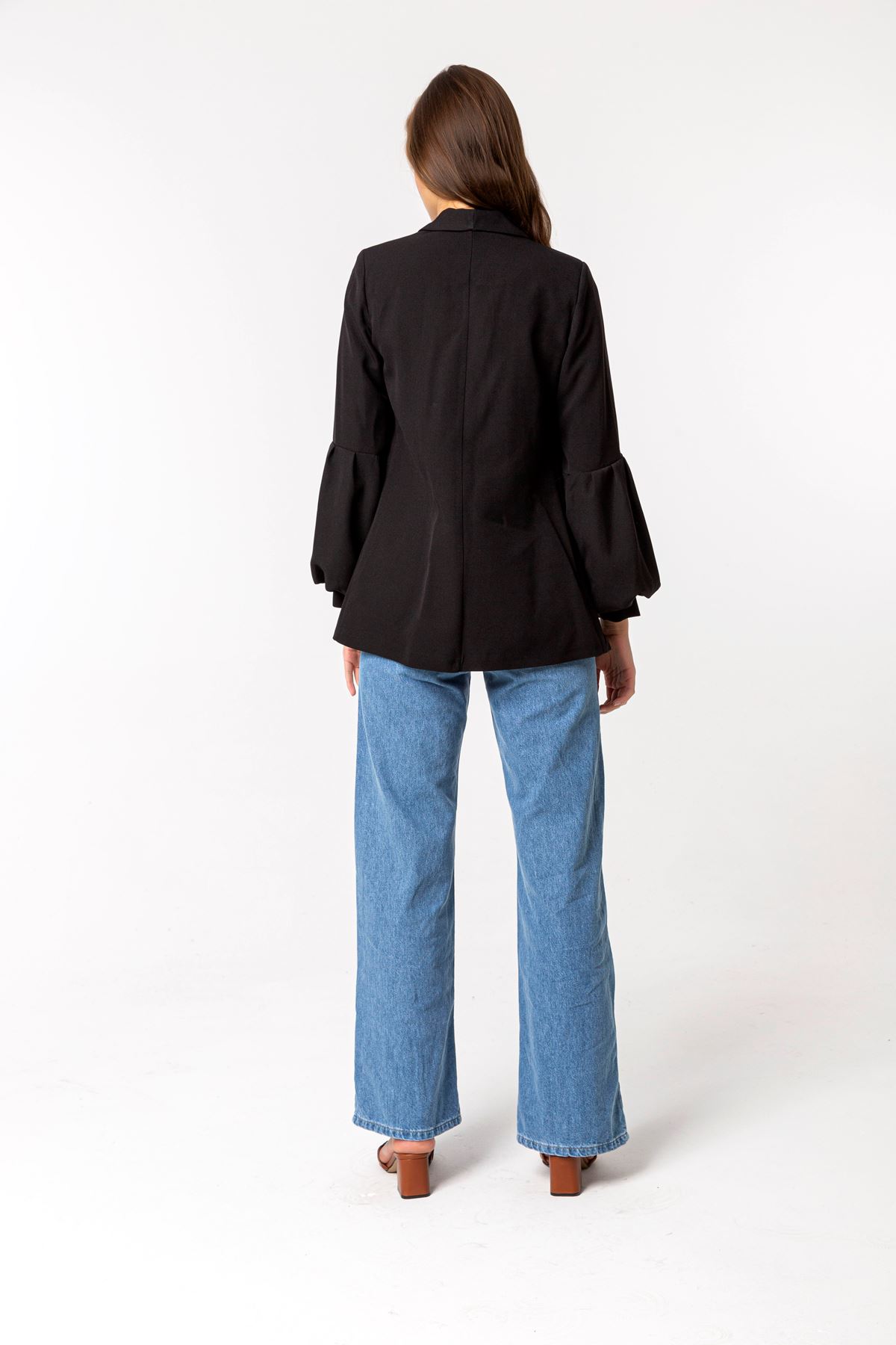 Polyester Fabric Balloon Sleeve Shawl Collar Classical Women Jacket - Black