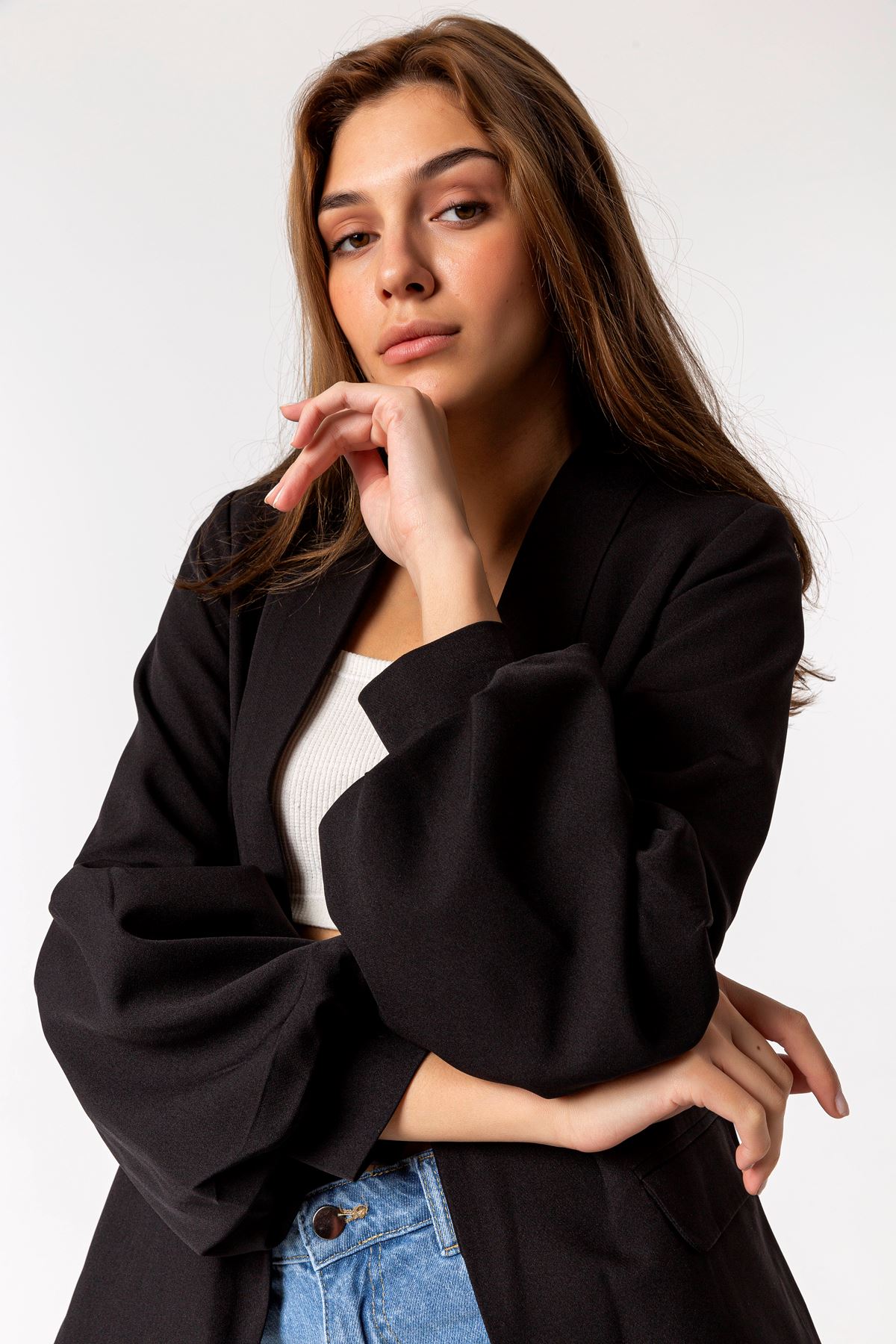 Polyester Fabric Balloon Sleeve Shawl Collar Classical Women Jacket - Black