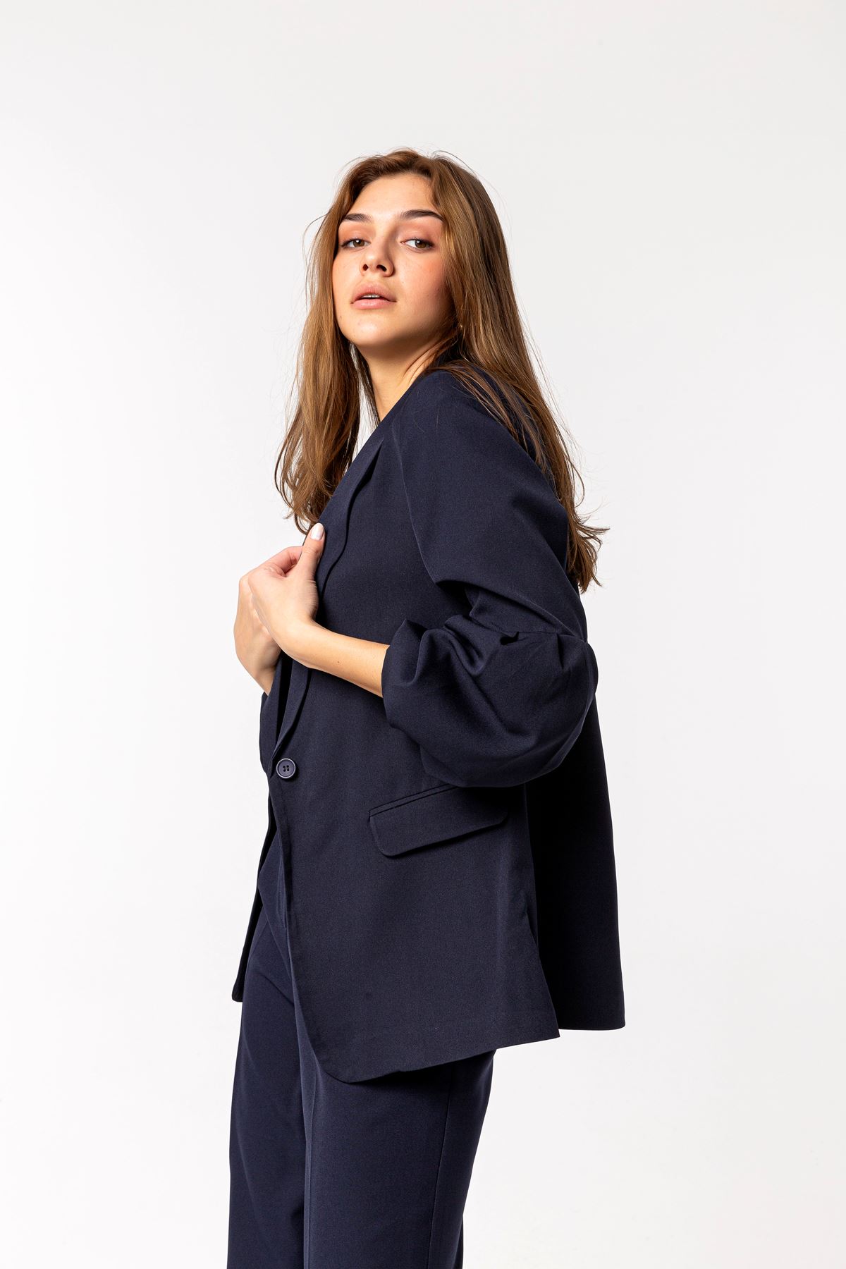 Polyester Fabric Balloon Sleeve Shawl Collar Classical Women Jacket - Navy Blue 