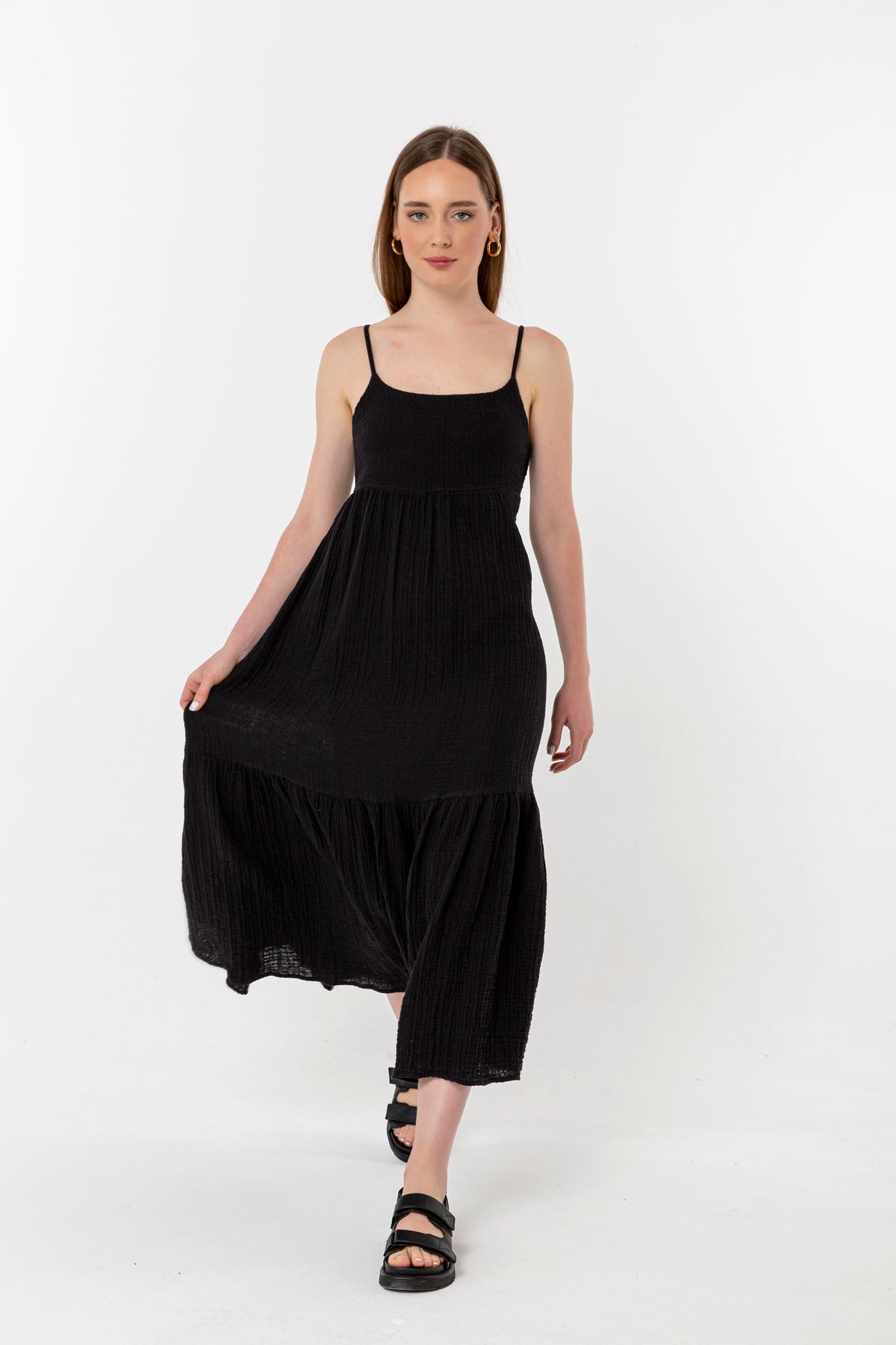Муслиновая ткань без рукавов на бретельках длинный женское платье - Чёрный