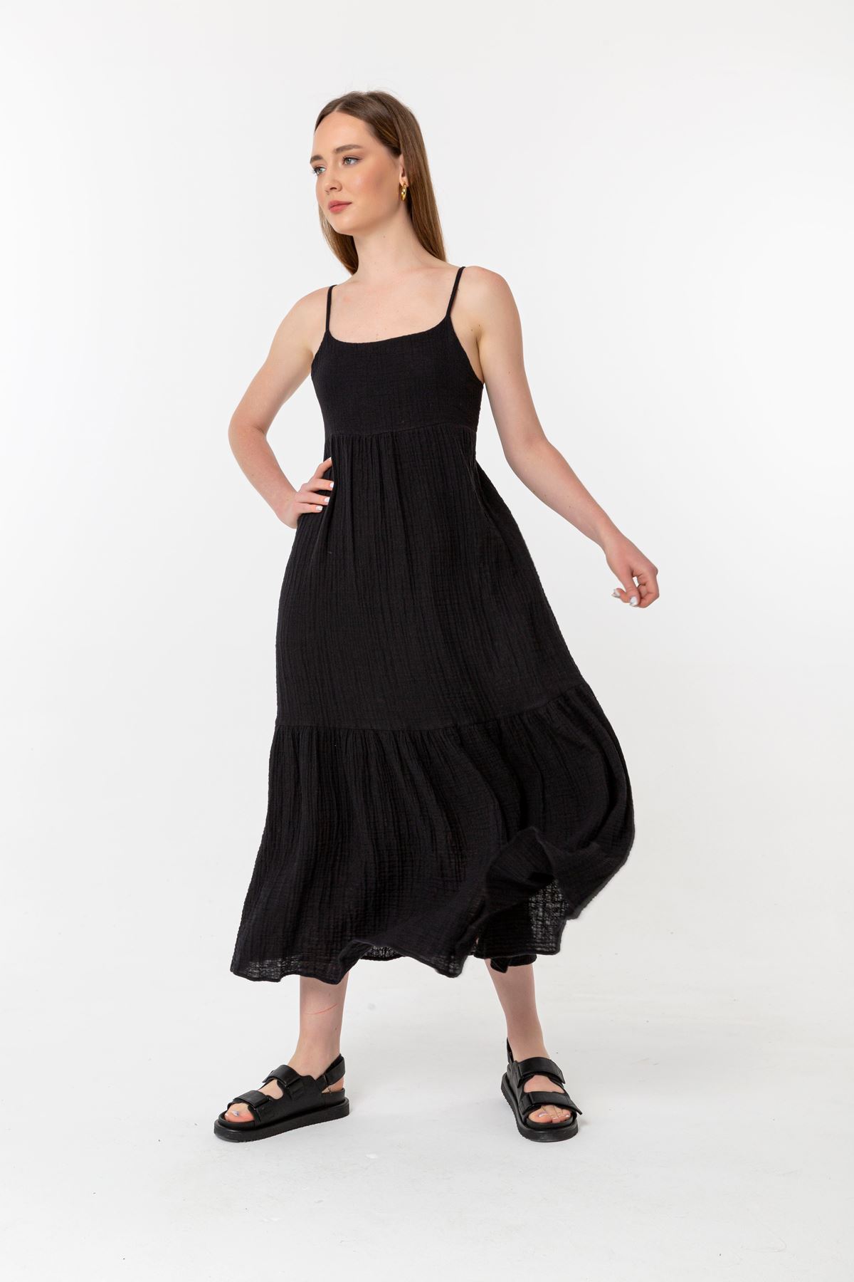 Муслиновая ткань без рукавов на бретельках длинный женское платье - Чёрный