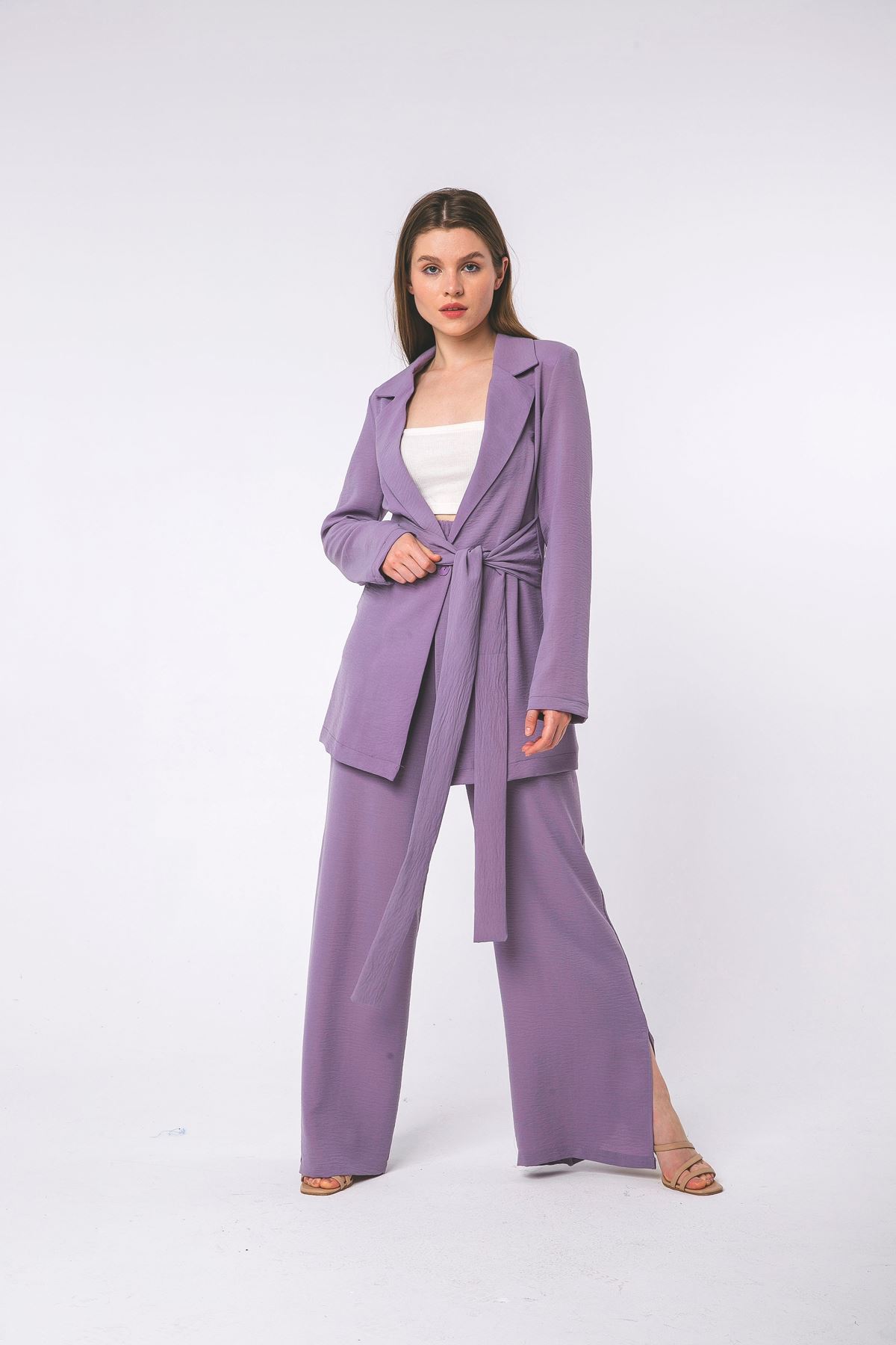 Aerobin Fabric Long Sleeve Below Hip Comfy Tied Front Women Jacket - Lilac