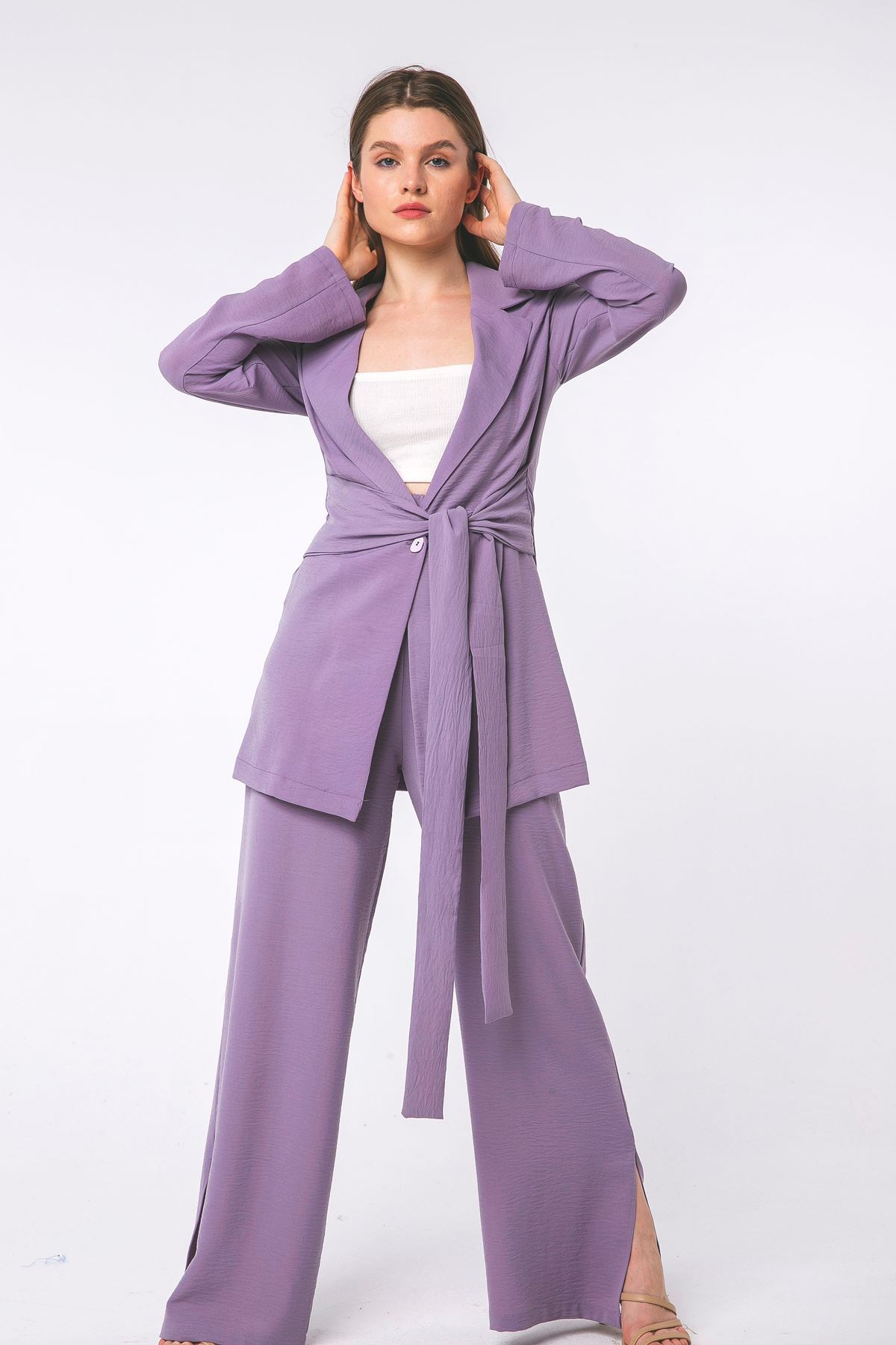 Aerobin Fabric Long Sleeve Below Hip Comfy Tied Front Women Jacket - Lilac
