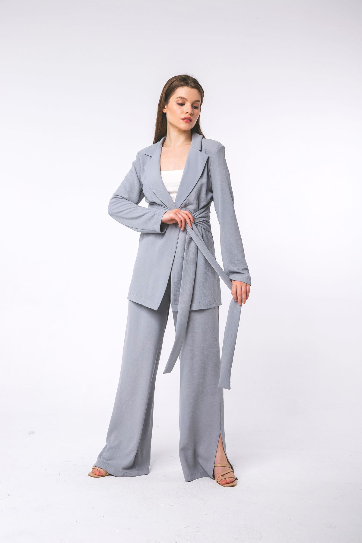 Aerobin Fabric Long Sleeve Below Hip Comfy Tied Front Women Jacket - Grey