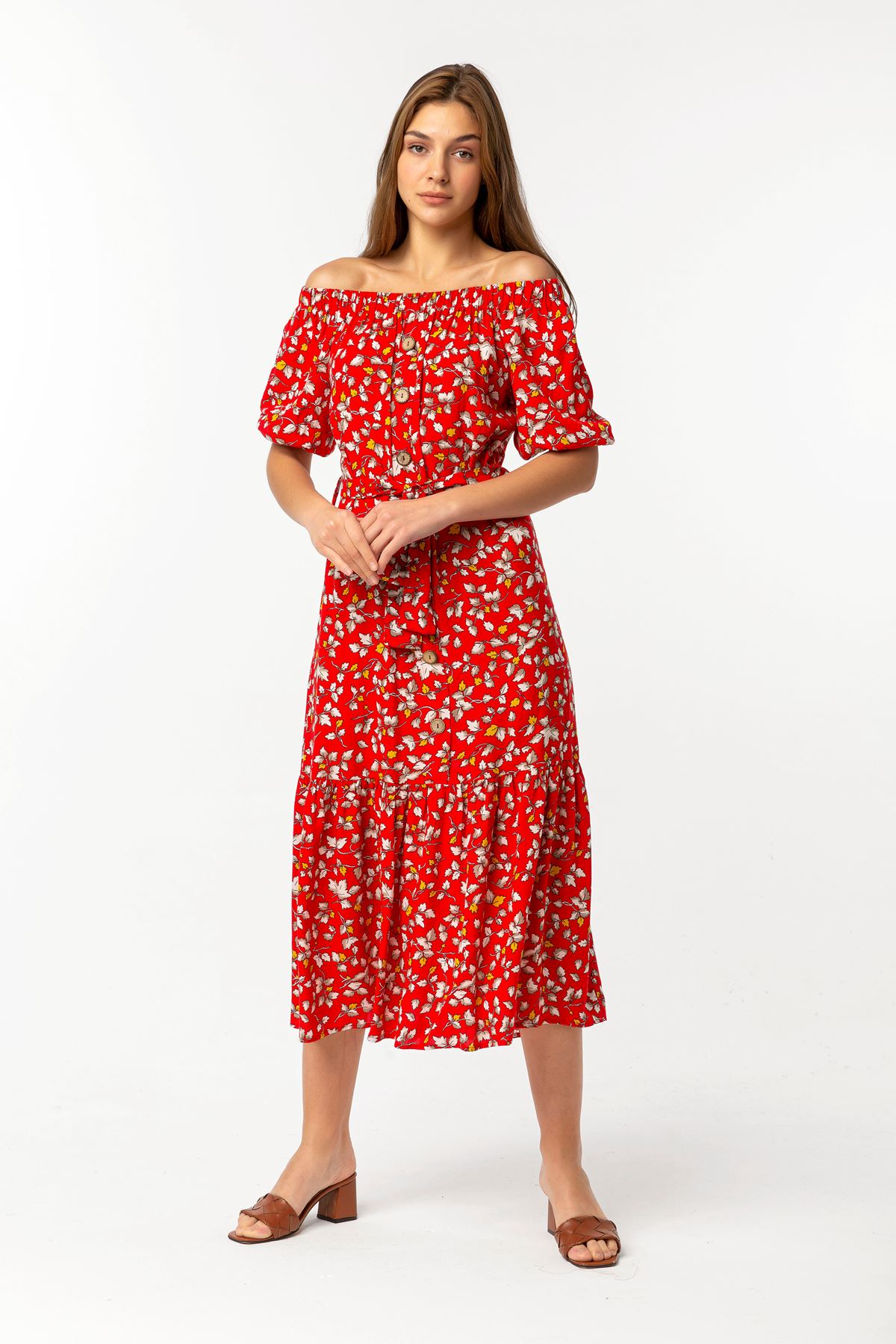 Viscose Fabric Short Sleeve Boat Neck Midi Comfy Flower Print Women Dress - Red