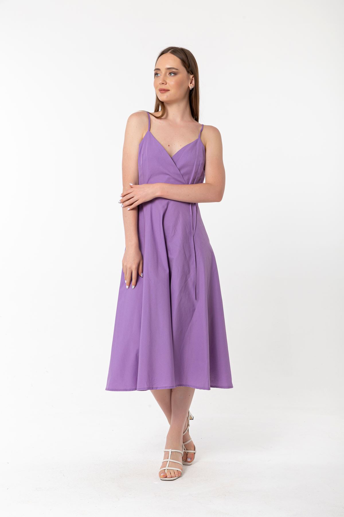 Soft Woven Fabric Surplice Neck Midi A Cut Women Dress - Lilac