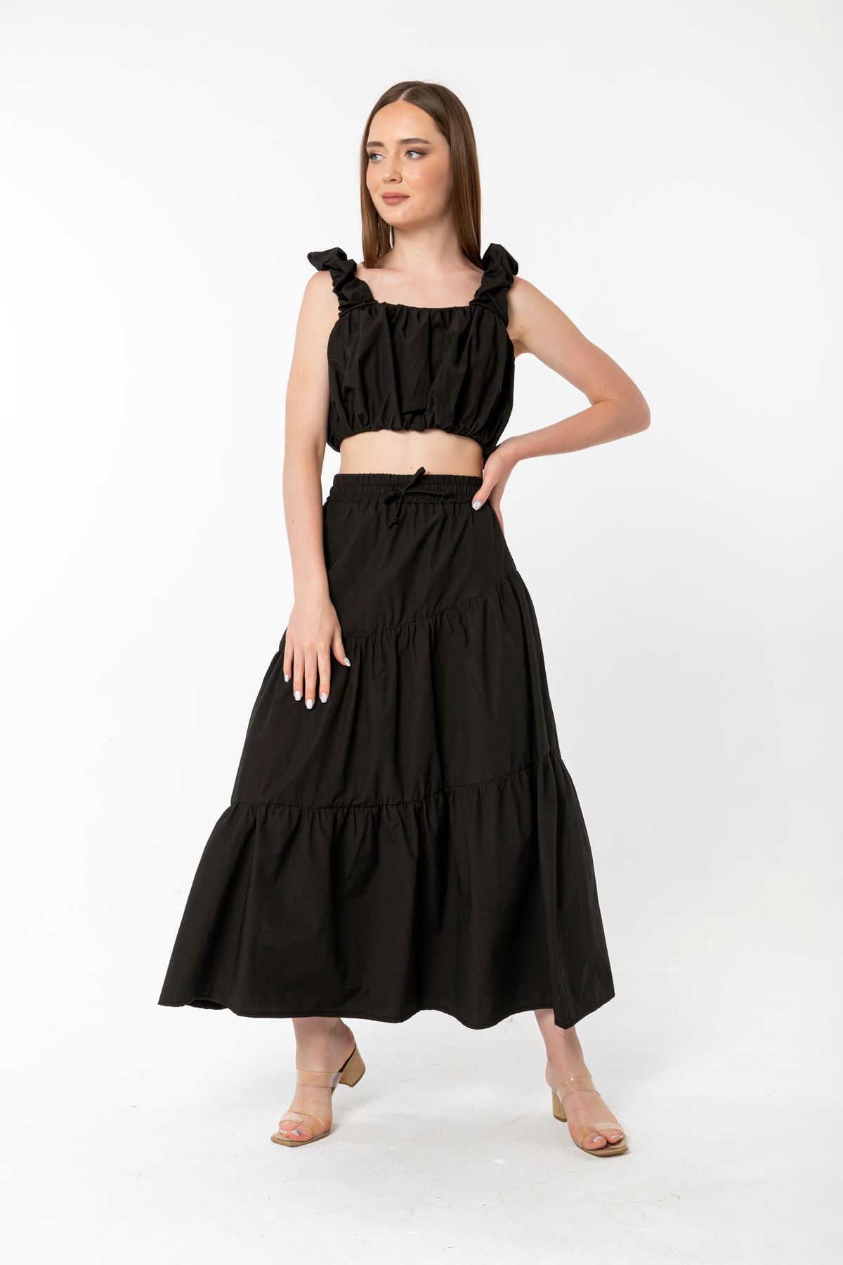 Soft Woven Fabric Long Wide Fit Elastik Waist Women'S Skirt - Black
