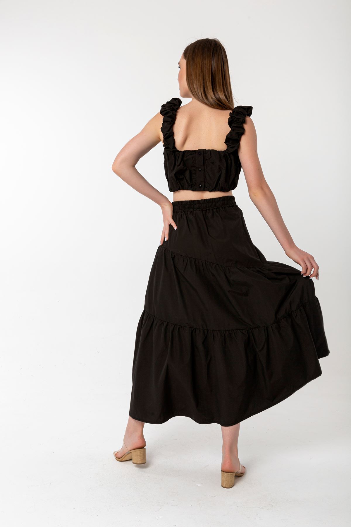 Soft Woven Fabric Long Wide Fit Elastik Waist Women'S Skirt - Black