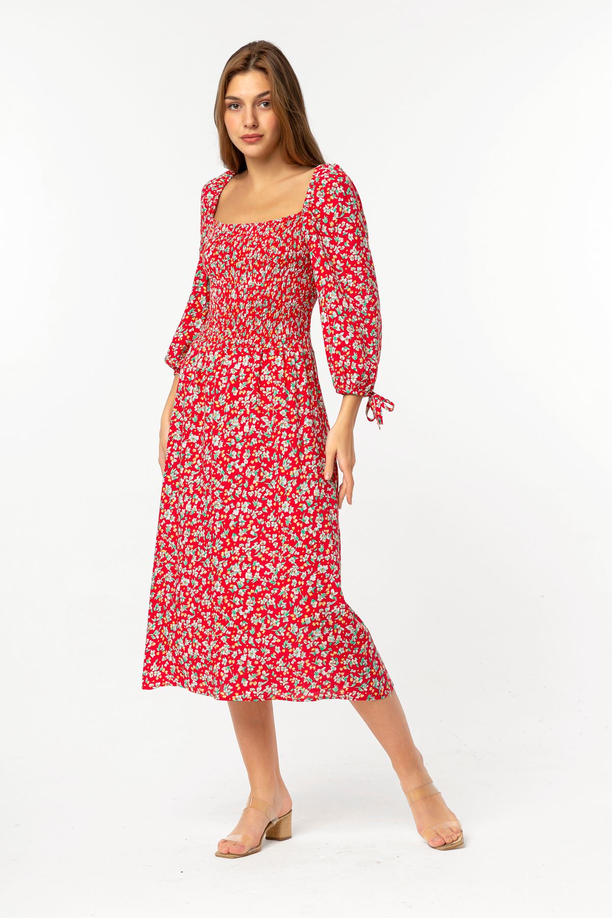 فستان نسائي قماش استيعاب نصف ذراع طوق مربع تحت الركبتين مستقيم - أحمر