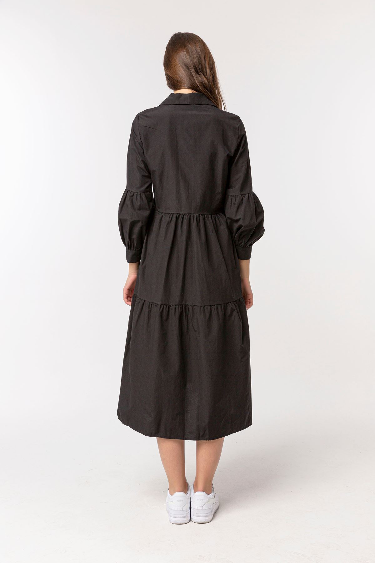 Soft Kumaş Gömlek Yaka Midi Boy Oversize/Salaş Kadın Elbise-Siyah