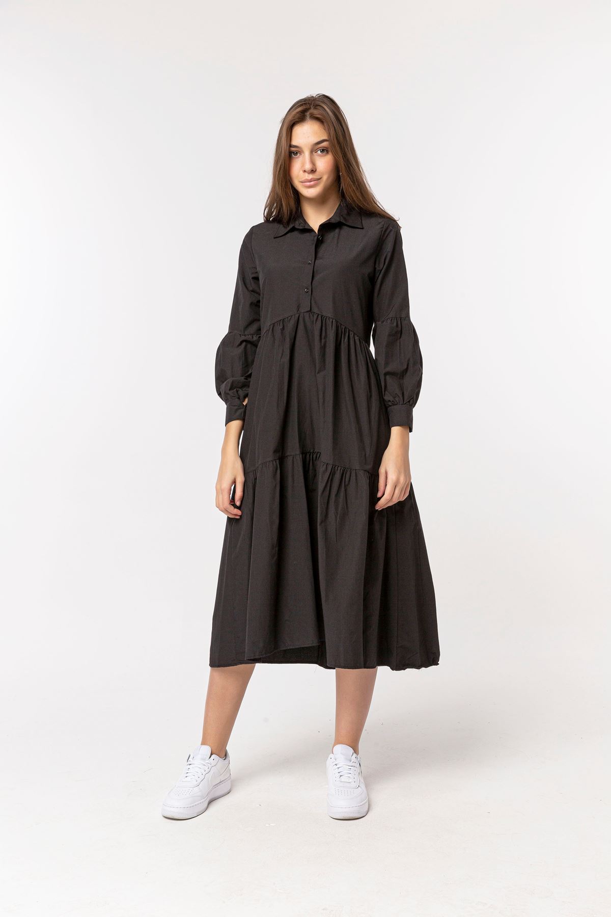 Soft Kumaş Gömlek Yaka Midi Boy Oversize/Salaş Kadın Elbise-Siyah