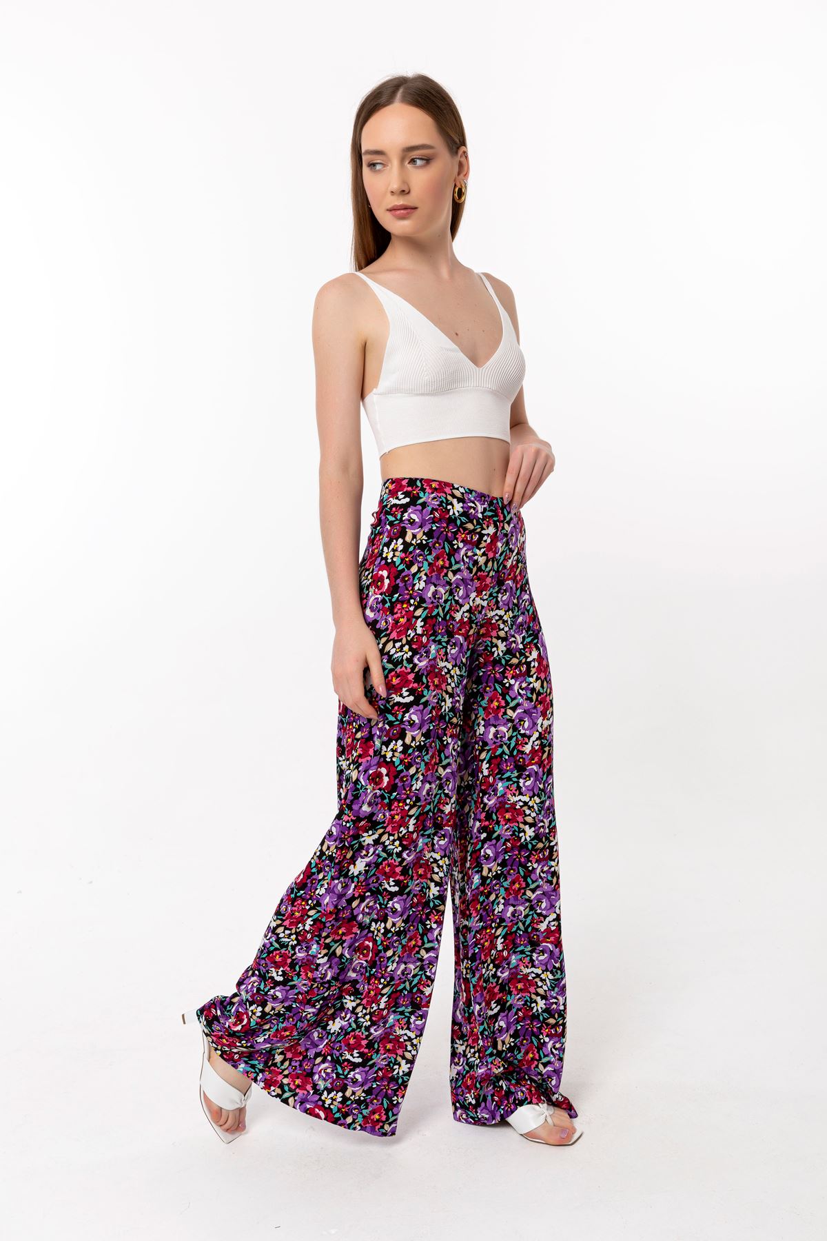 Viscose Fabric Long Wide Floral Print Women'S Trouser - Pink