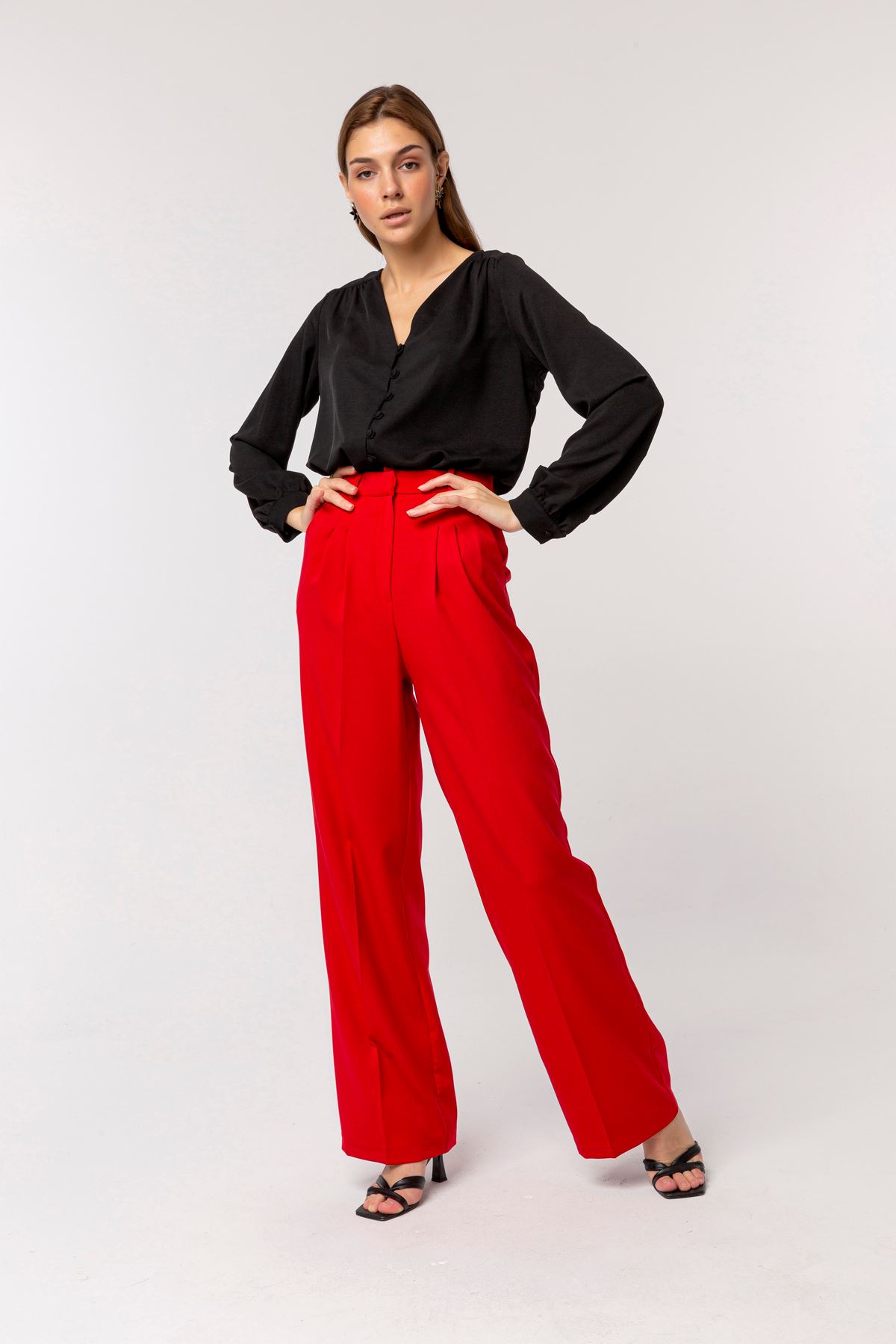 атласный ткань длинный широкий Palazzoженские брюки - Kрасный