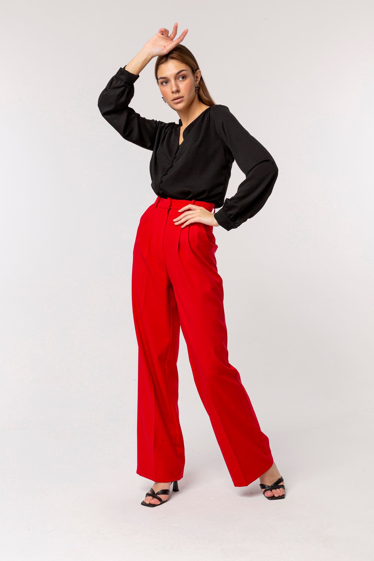 Atlas Fabric Long Wide Palazzo Women'S Trouser - Red