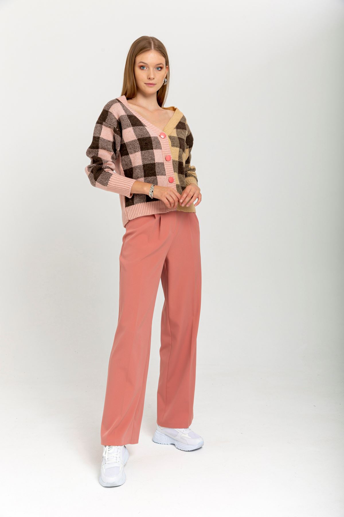атласный ткань длинный широкий Palazzoженские брюки - Розовый
