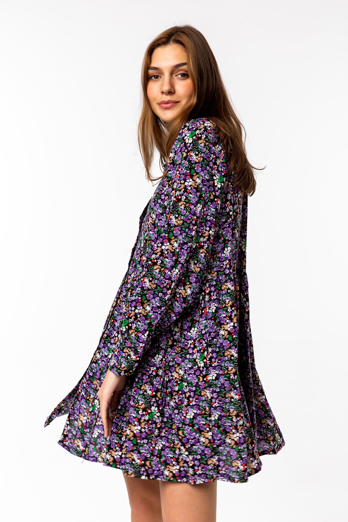 Viscose Fabric Long Sleeve Mini Wide Flower Print Women Dress - Black