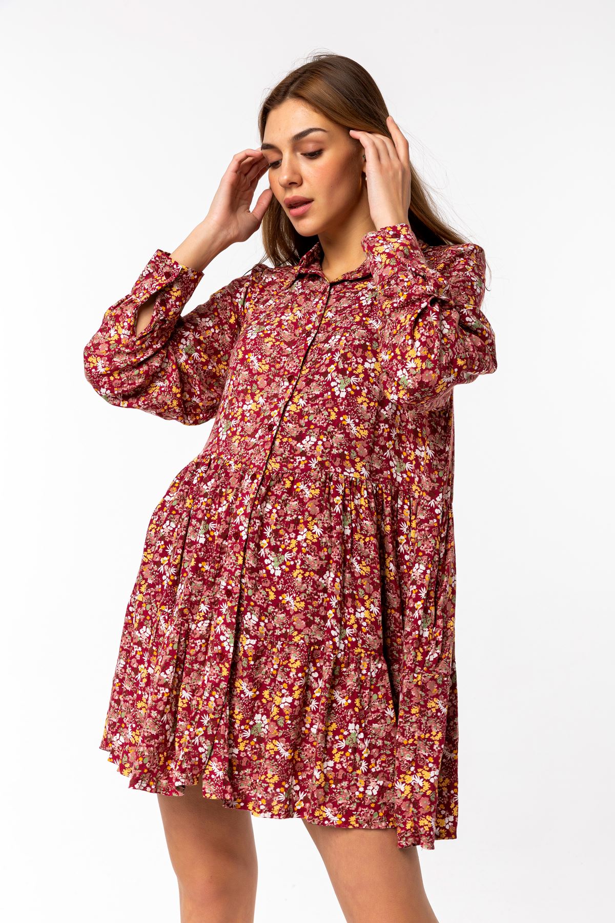 Viscose Fabric Long Sleeve Mini Wide Flower Print Women Dress - Burgundy
