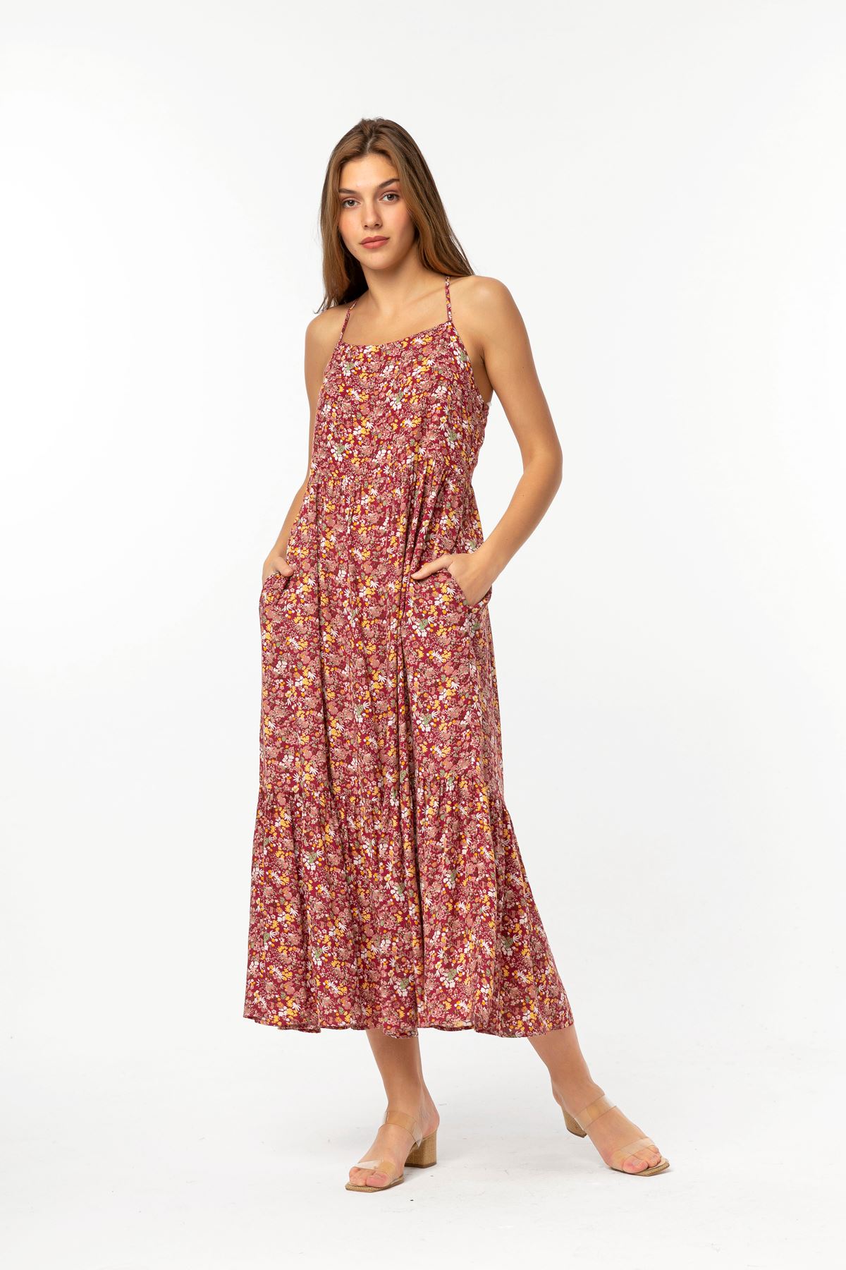 вискоза ткань на бретельках цветочный принтженское платье - Бордовый