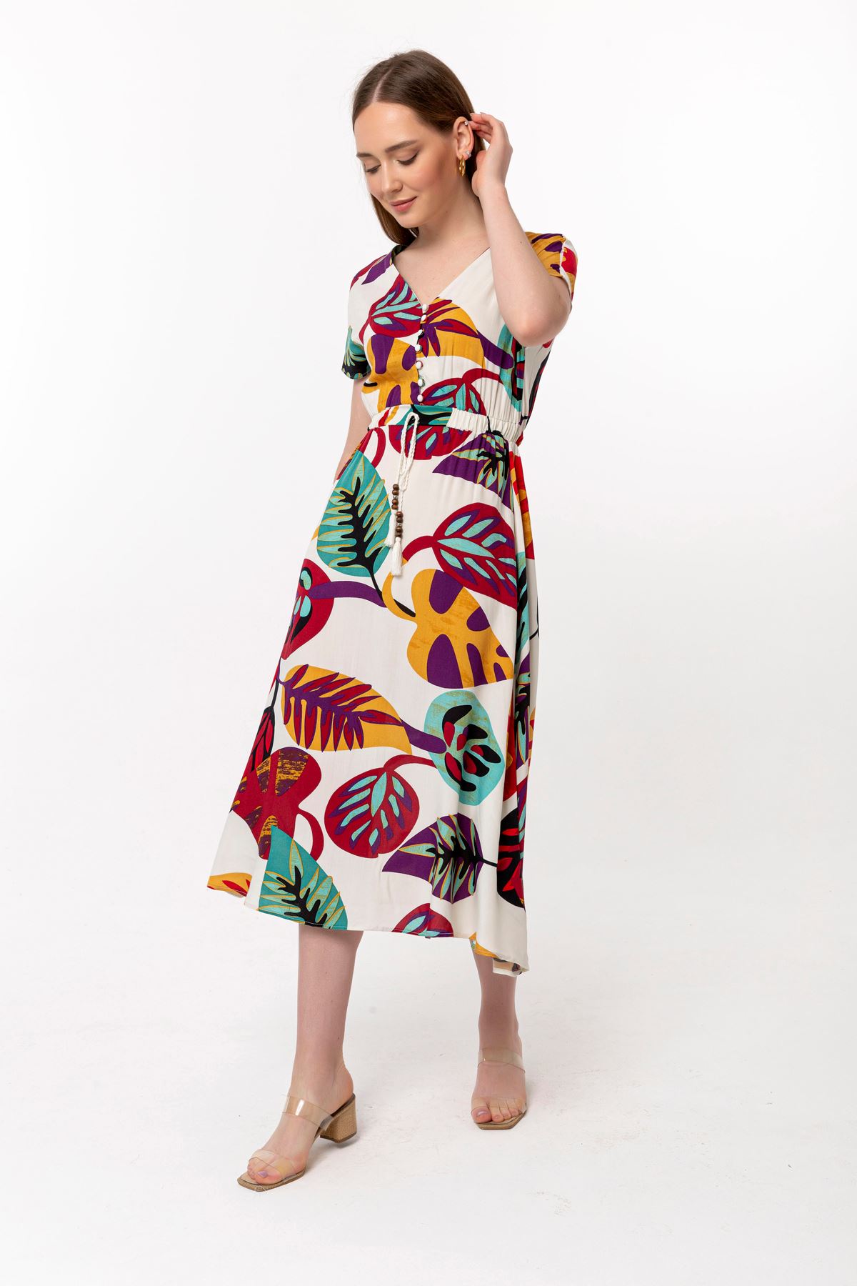 Viscose Fabric Short Sleeve V-Neck Midi Wide Leaf Print Women Dress - Burgundy