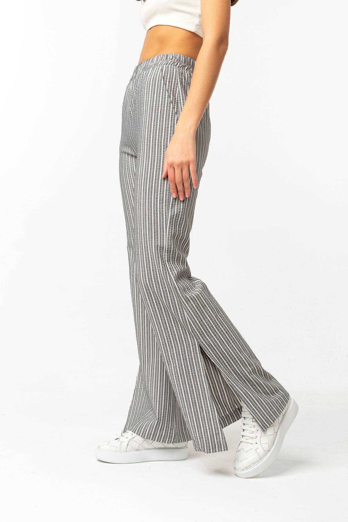 Gofre Fabric Long Striped Slit Women'S Trouser - Black