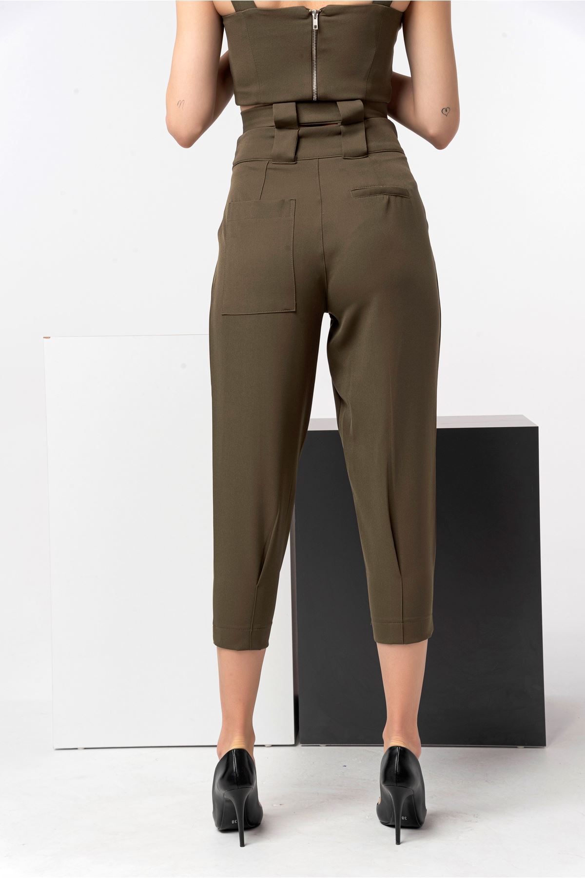 Atlas Fabric Carrot Style Button Women'S Trouser - Khaki 