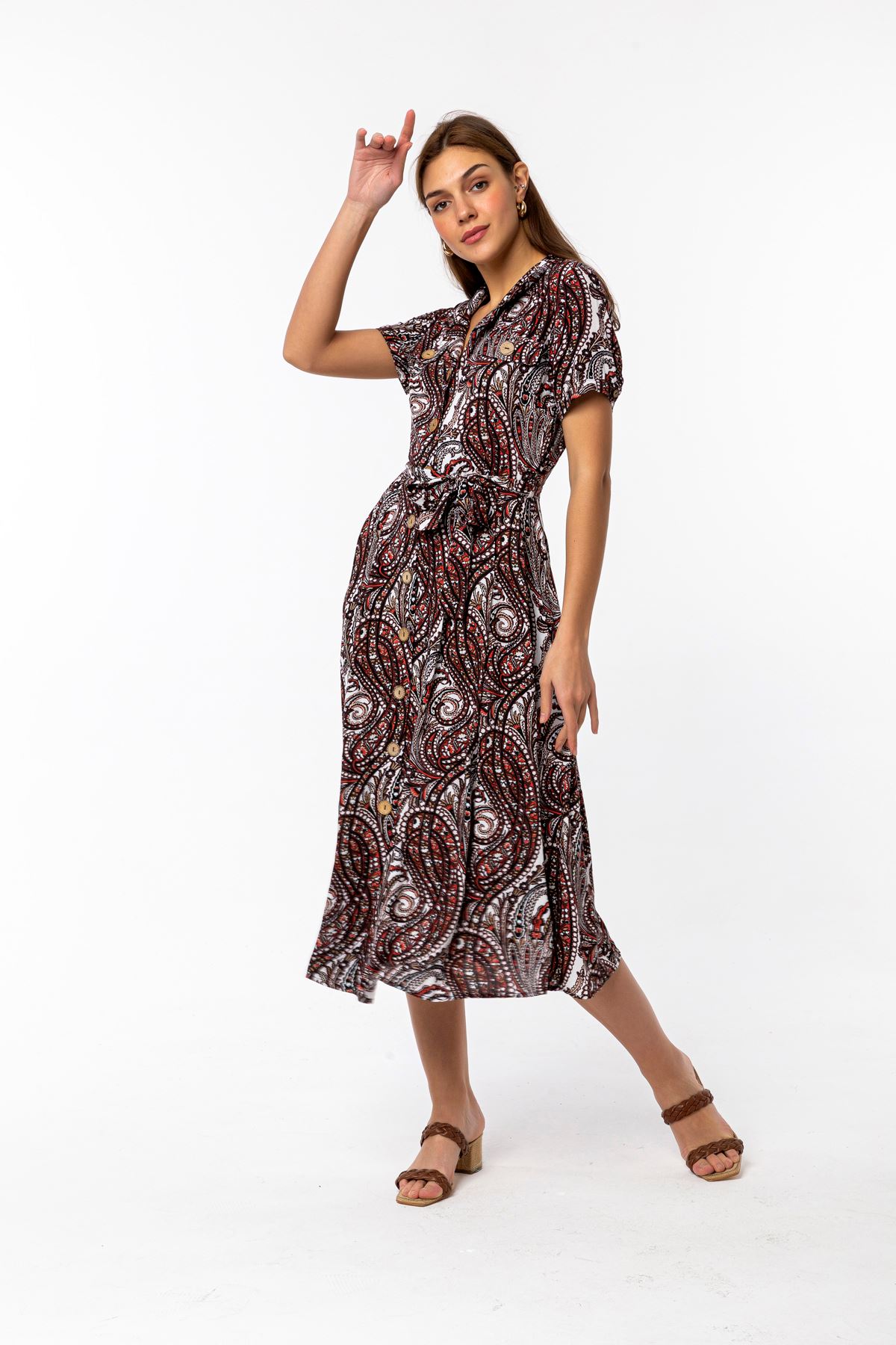 Viscose Fabric Short Sleeve Shirt Collar Midi Ethnic Print Women Dress - Brown