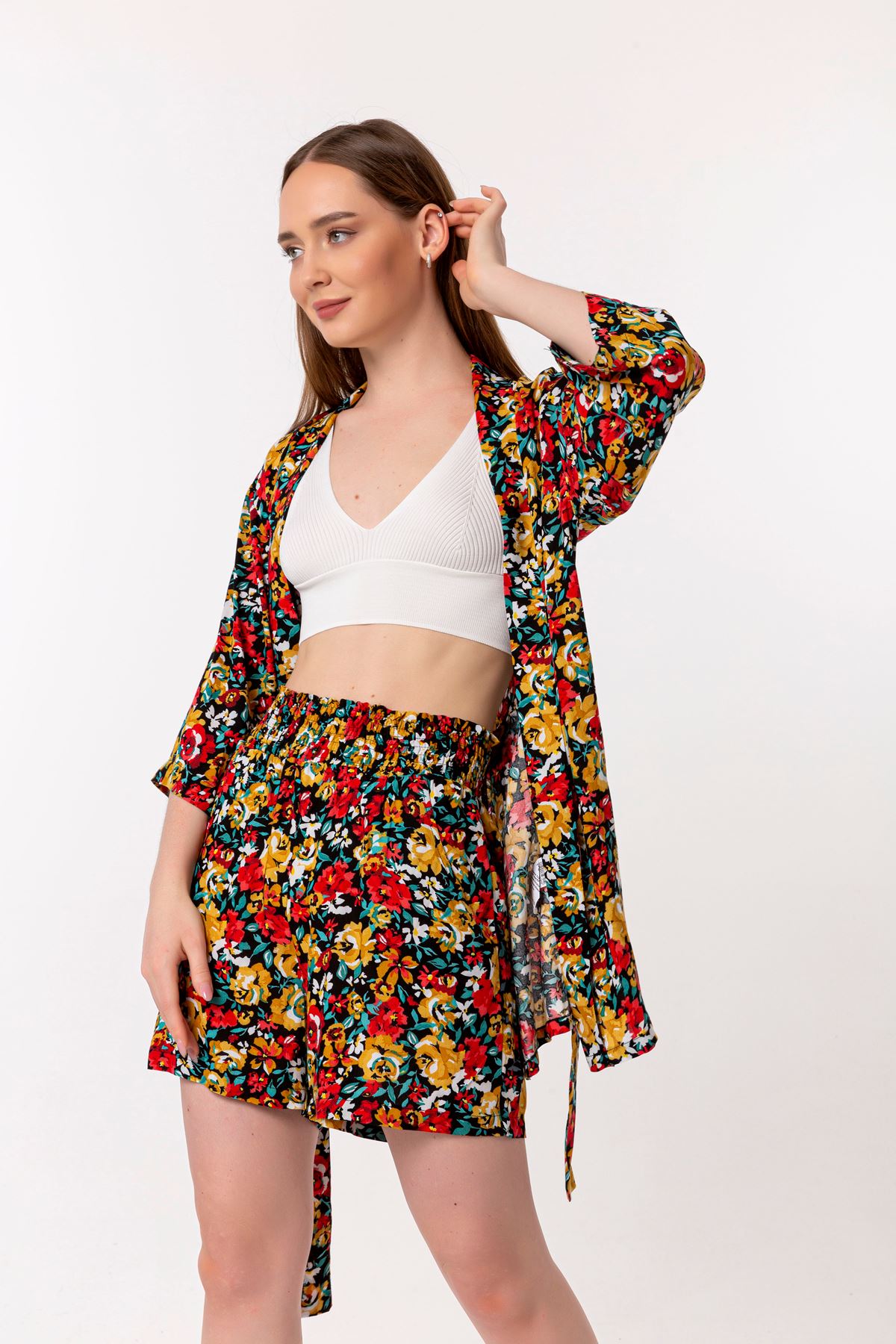 Viscose Fabric Shirt Collar Short Oversize Floral Print Women'S Set 2 Pieces - Mustard