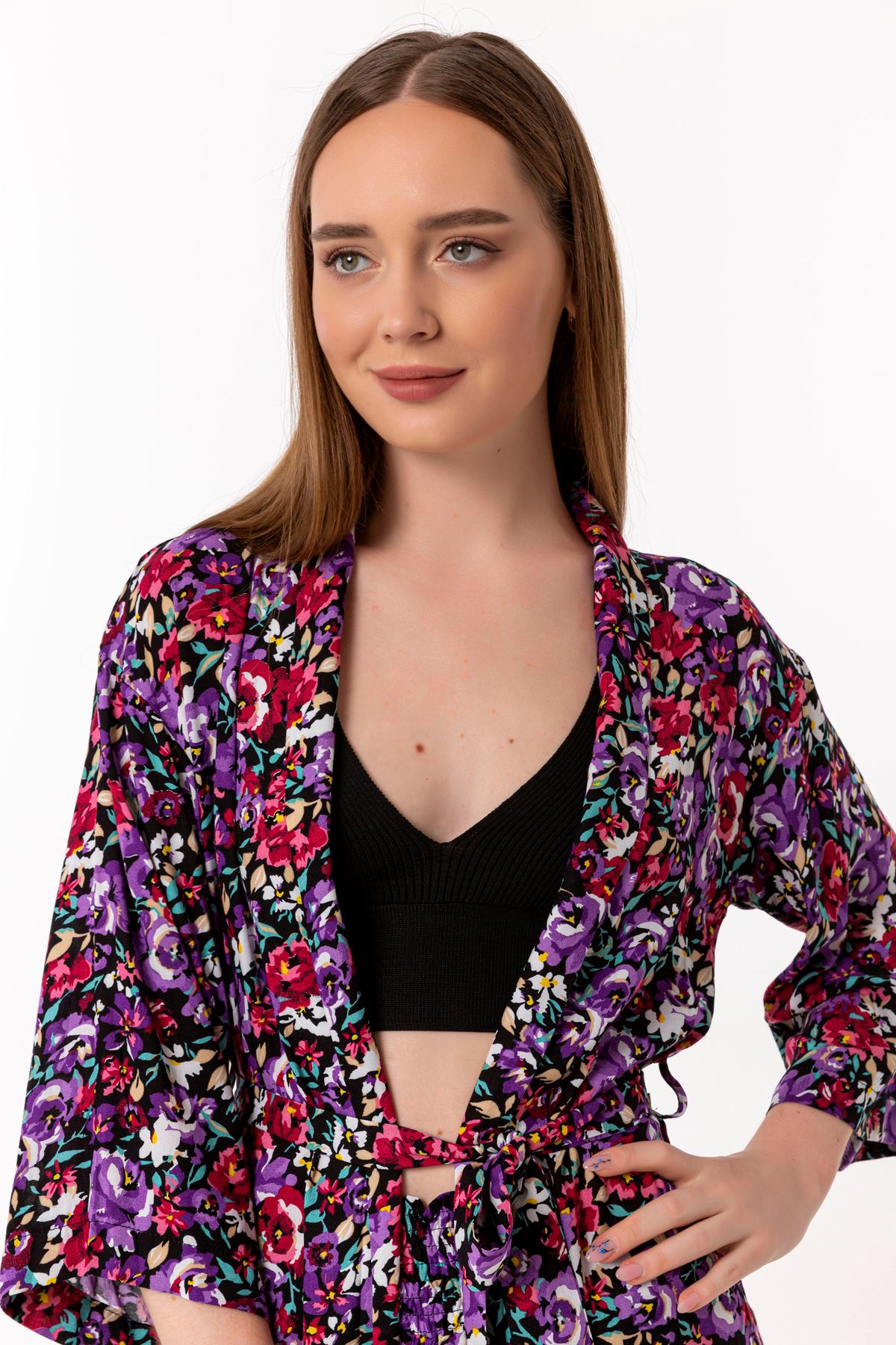 Viscose Fabric Shirt Collar Short Oversize Floral Print Women'S Set 2 Pieces - Purple