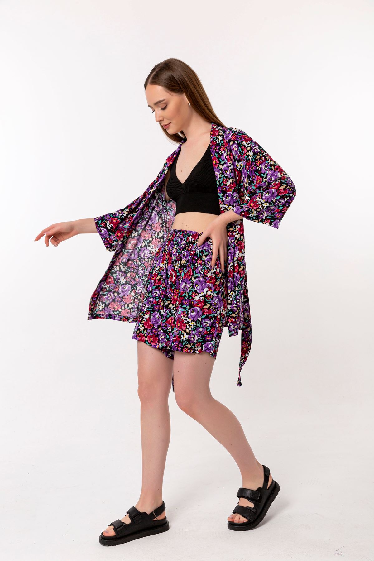 Viscose Fabric Shirt Collar Short Oversize Floral Print Women'S Set 2 Pieces - Purple