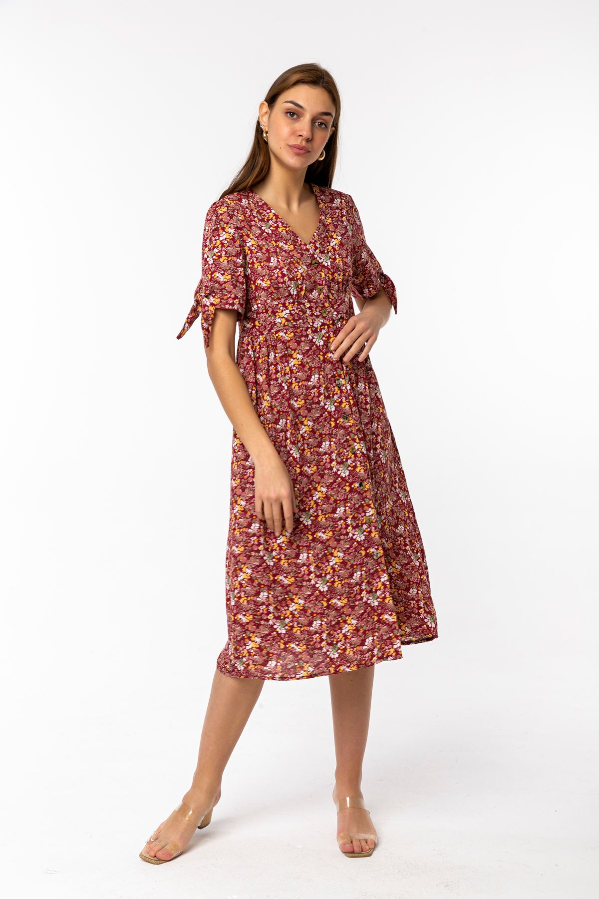 Viscose Fabric Short Sleeve V-Neck Midi Wide Pattern Crispy Print Women Dress - Burgundy
