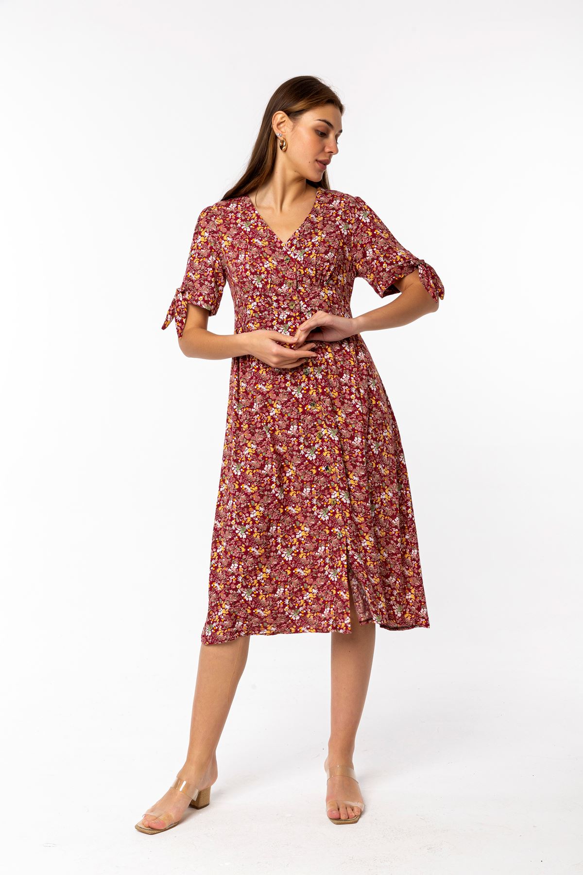 Viscose Fabric Short Sleeve V-Neck Midi Wide Pattern Crispy Print Women Dress - Burgundy
