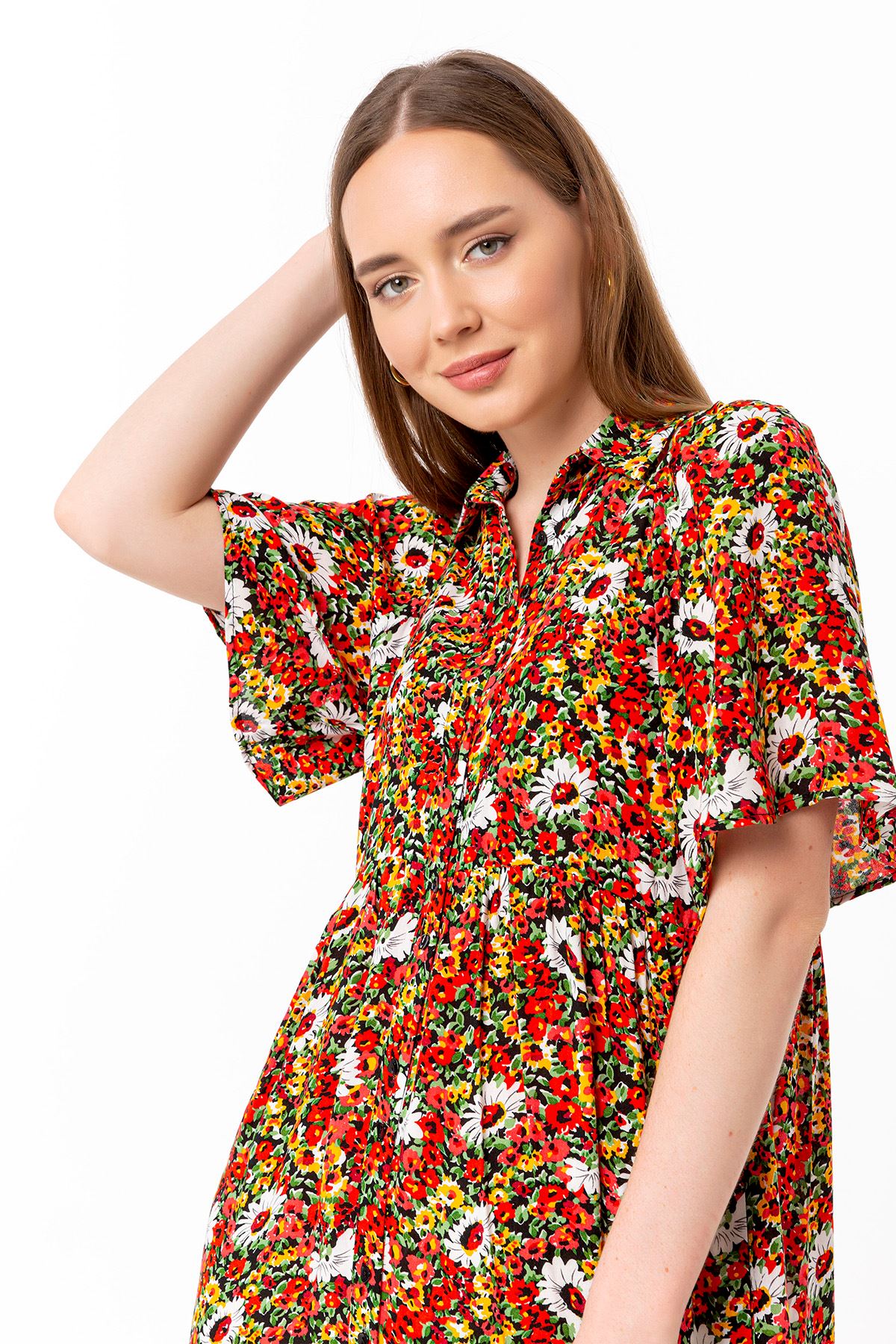 Viskon Kumaş Gömlek Yaka Oversize/Salaş Çiçek Desenli Kadın Elbise-Kırmızı
