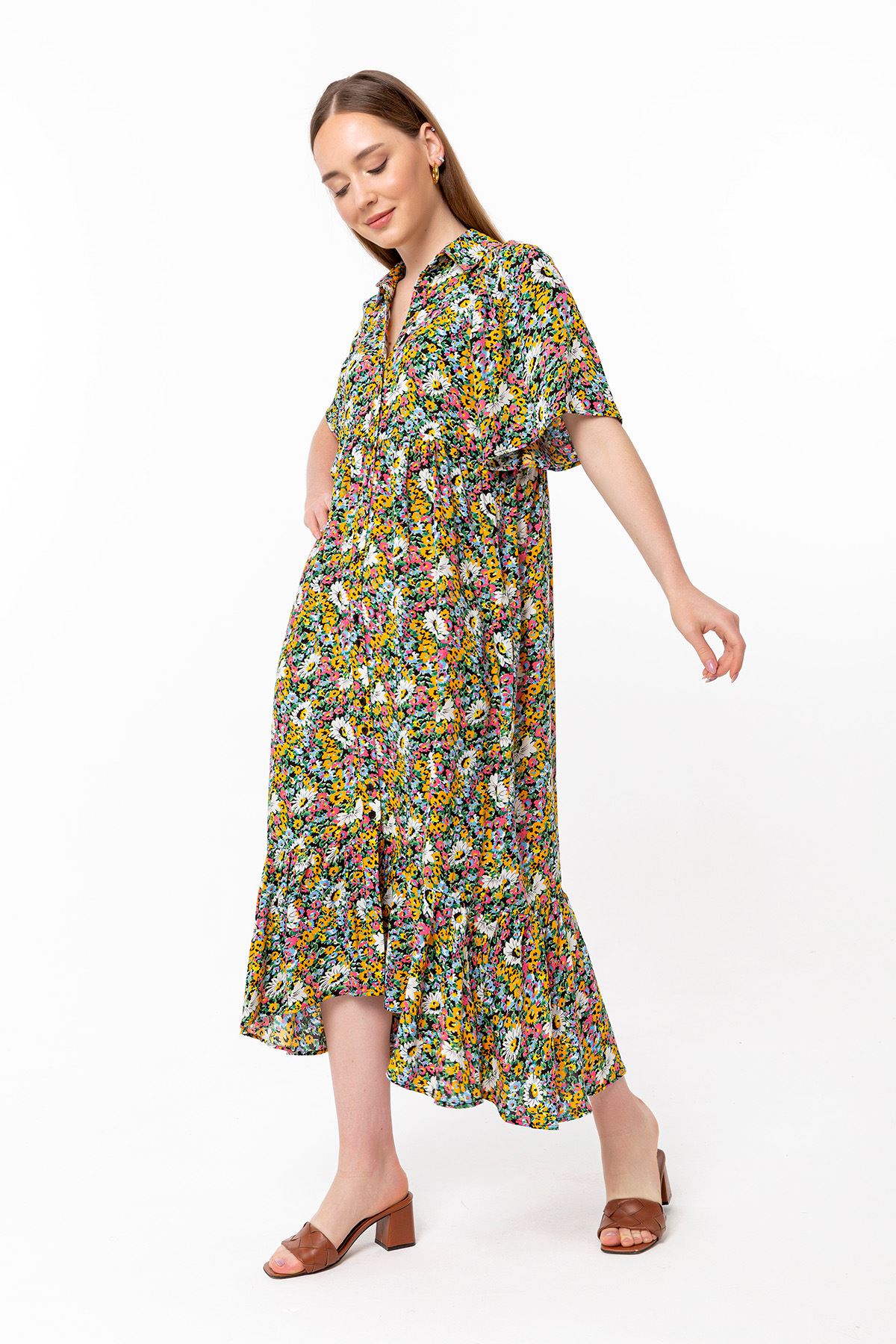Viscose Fabric Shirt Collar Midi Oversize Flower Print Women Dress - Mustard