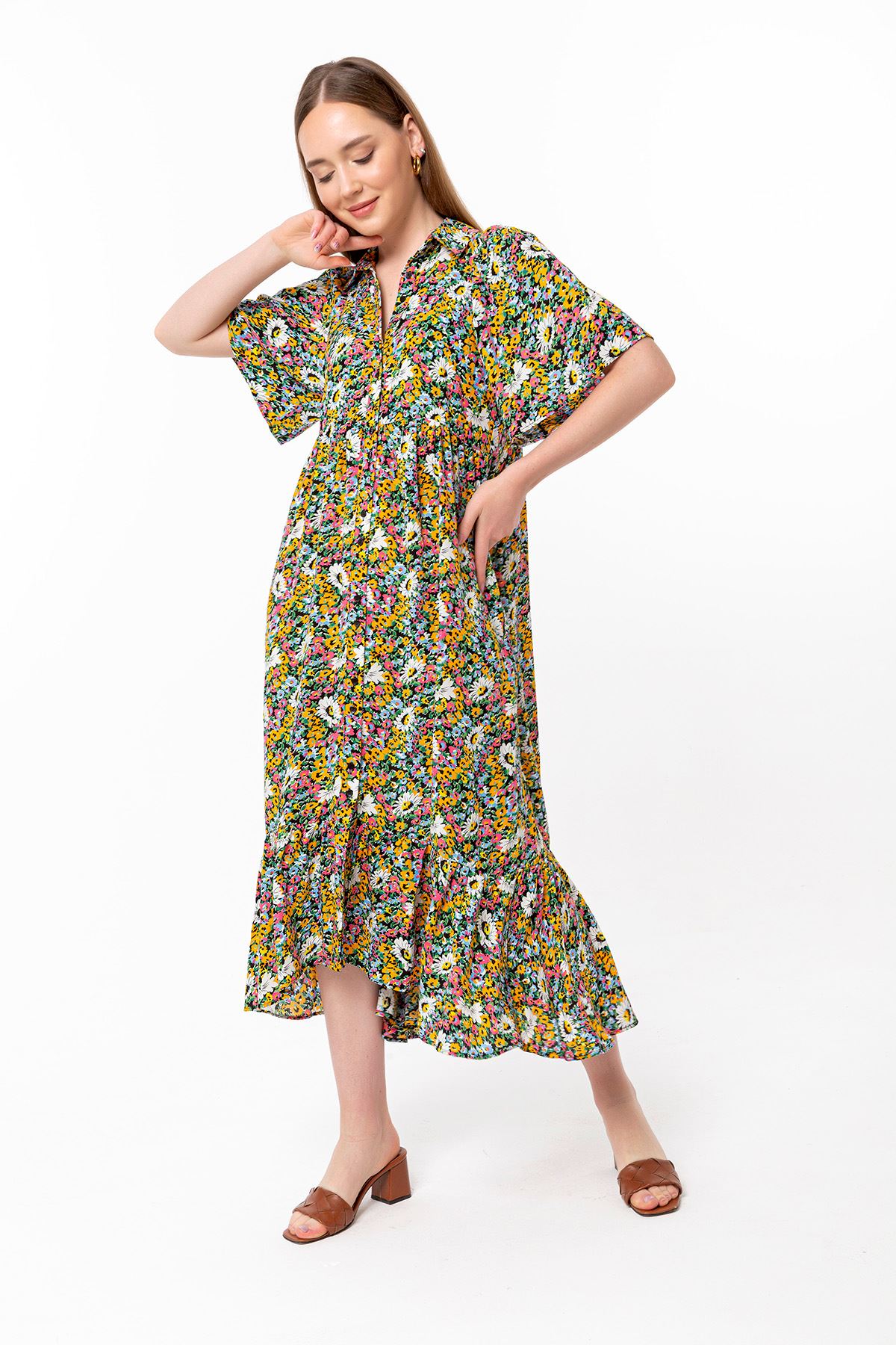 Viskon Kumaş Gömlek Yaka Oversize/Salaş Çiçek Desenli Kadın Elbise-Hardal
