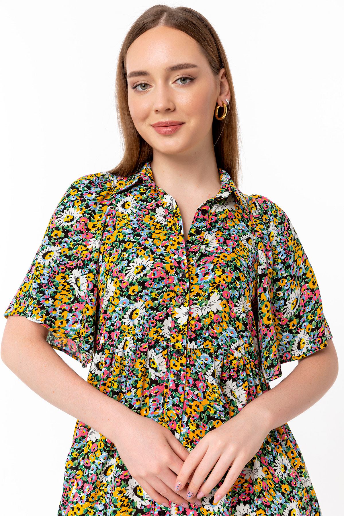 Viscose Fabric Shirt Collar Midi Oversize Flower Print Women Dress - Mustard