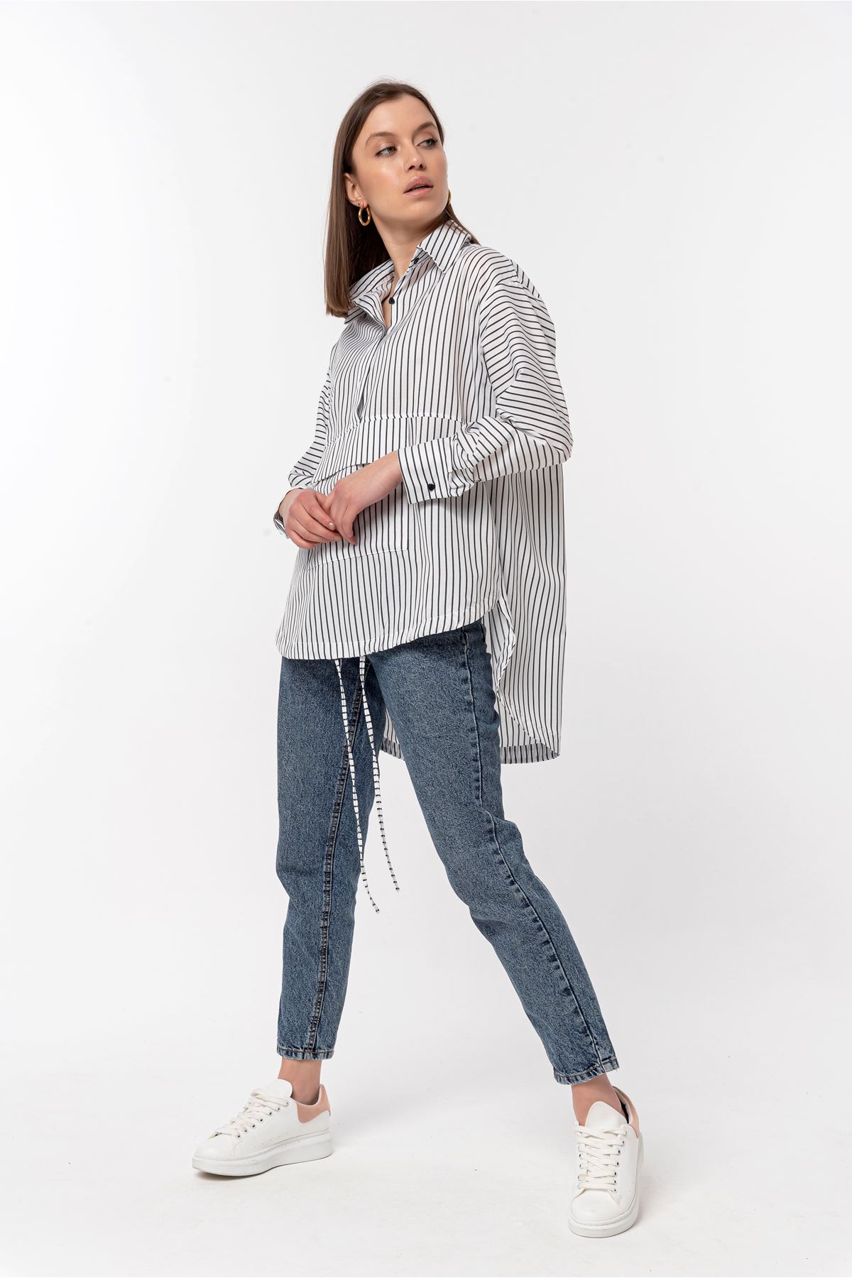 Satin Fabric Long Sleeve Oversize Striped Women'S Shirt - Black