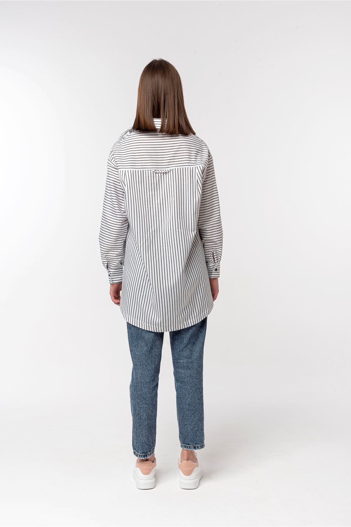 Satin Fabric Long Sleeve Oversize Striped Women'S Shirt - Black